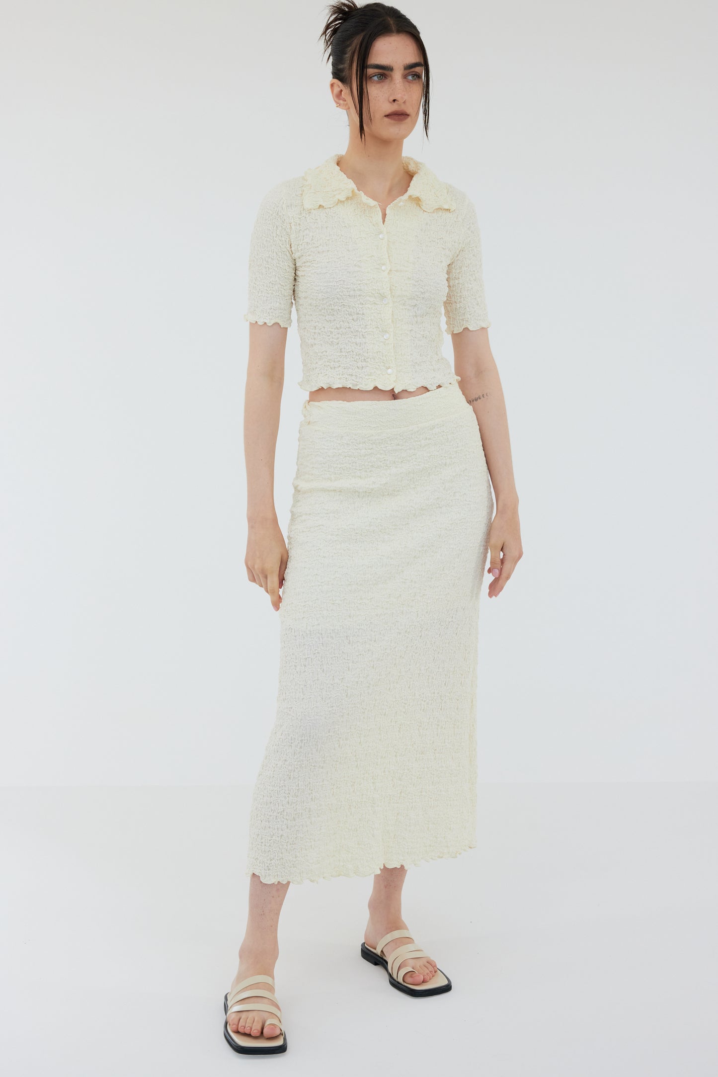Wrinkle Look Crop Shirt & Midi Skirt Set, Cream