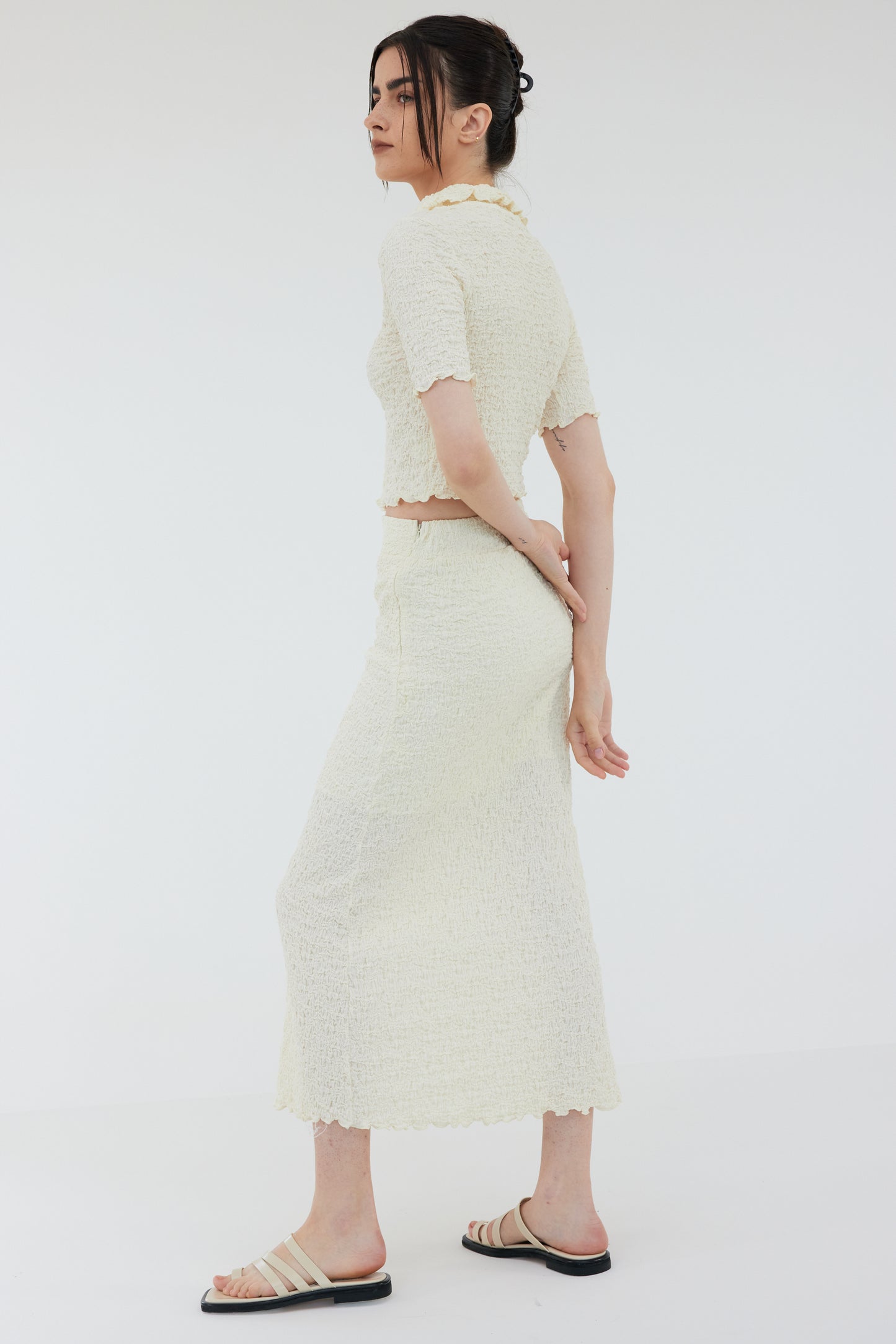 Wrinkle Look Crop Shirt & Midi Skirt Set, Cream