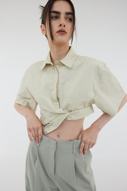 Asymmetric Cropped Cotton Shirt, Oyster