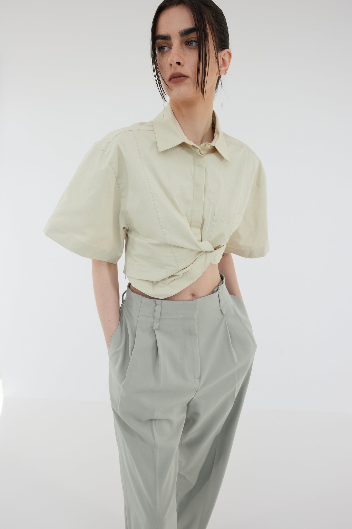 Asymmetric Cropped Cotton Shirt, Oyster