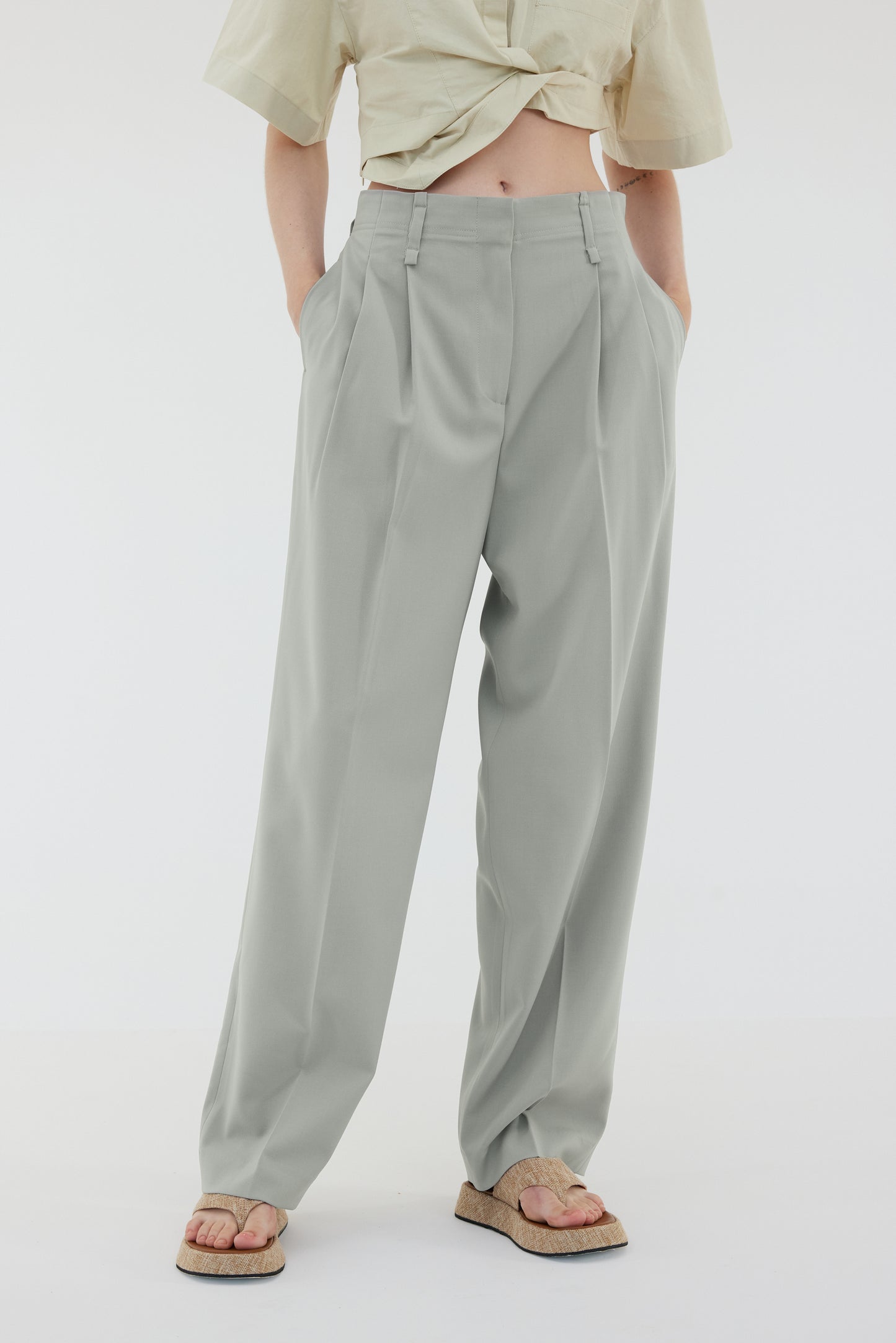 Double Pleated Stretch Trousers, Slate Green