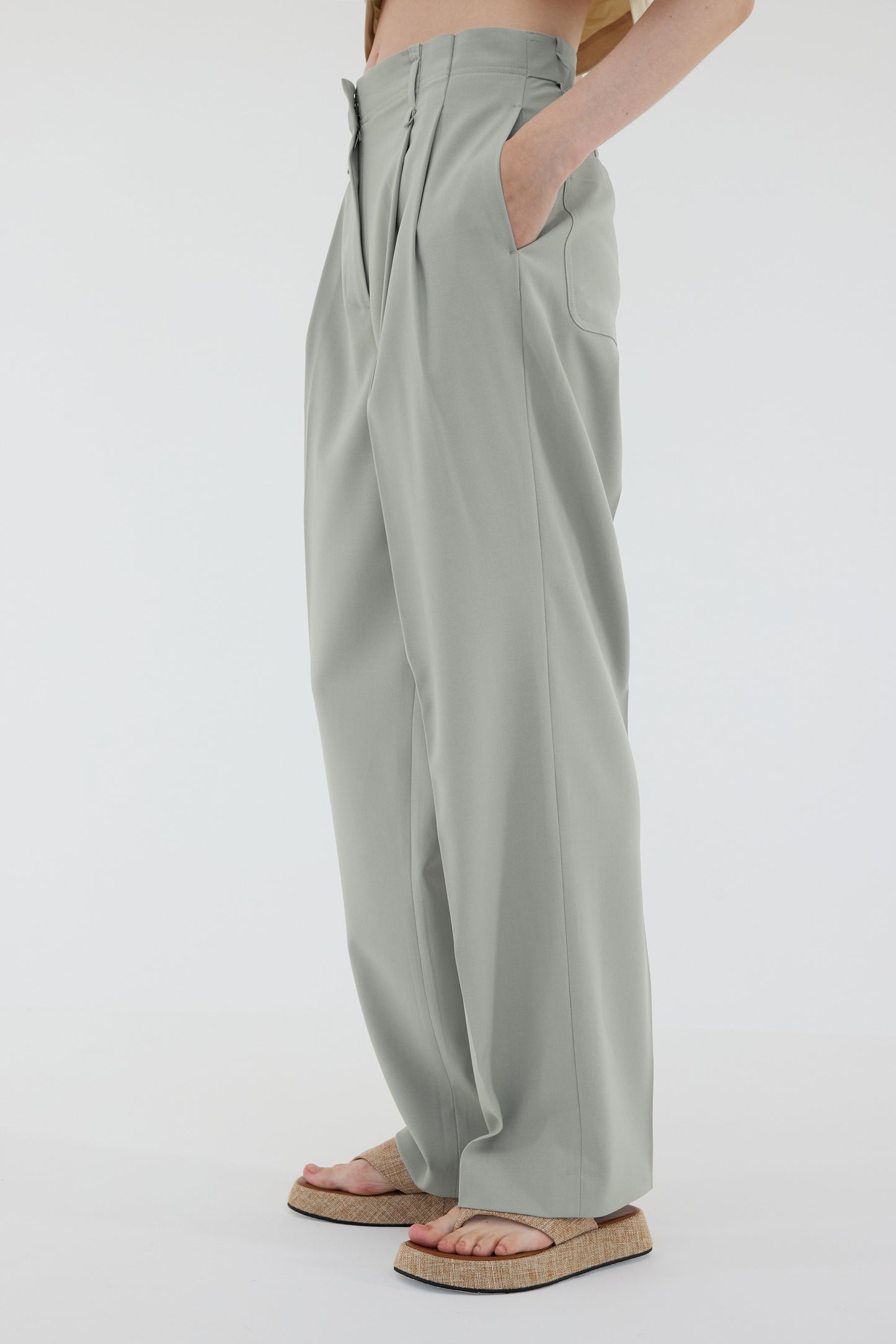 Double Pleated Stretch Trousers, Slate Green