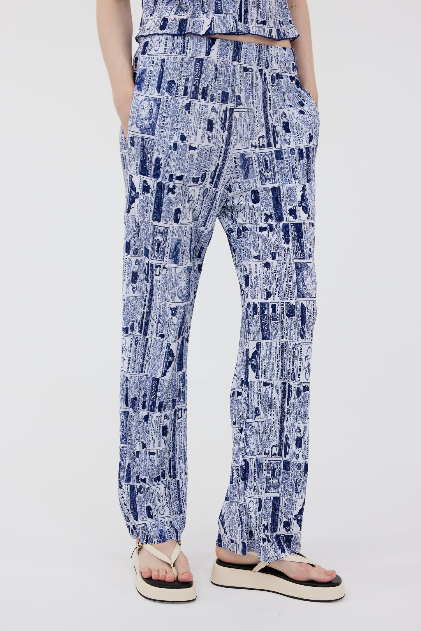 Retro Print Shirred Pants, Cobalt