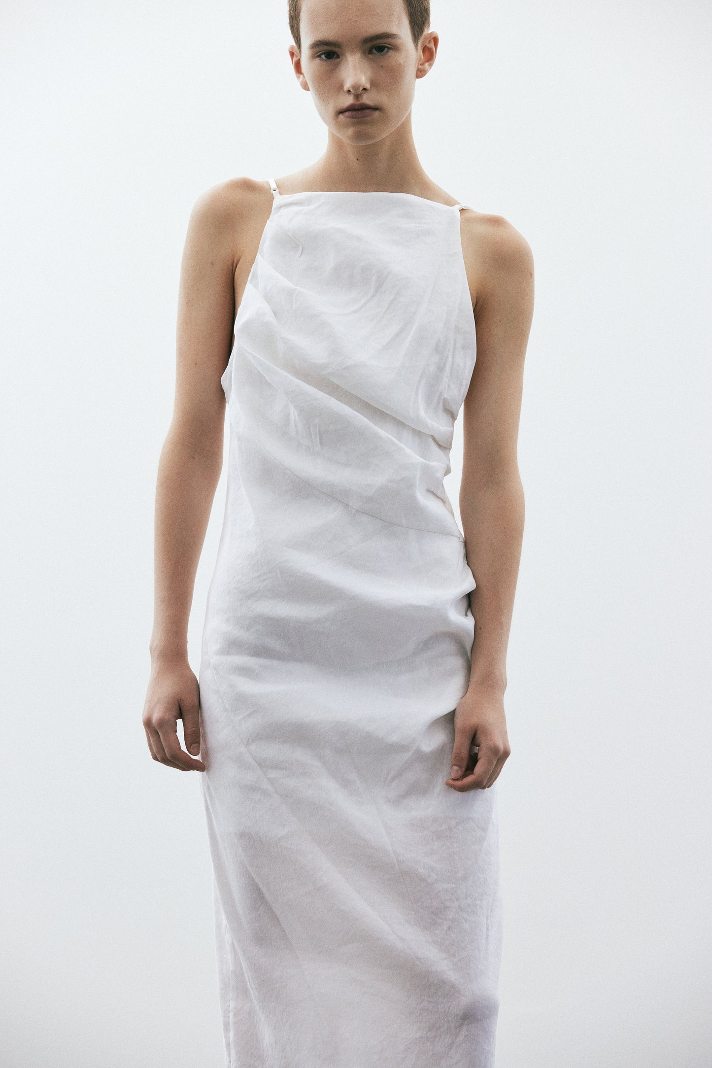Low Open Back Draped Dress, Optic White