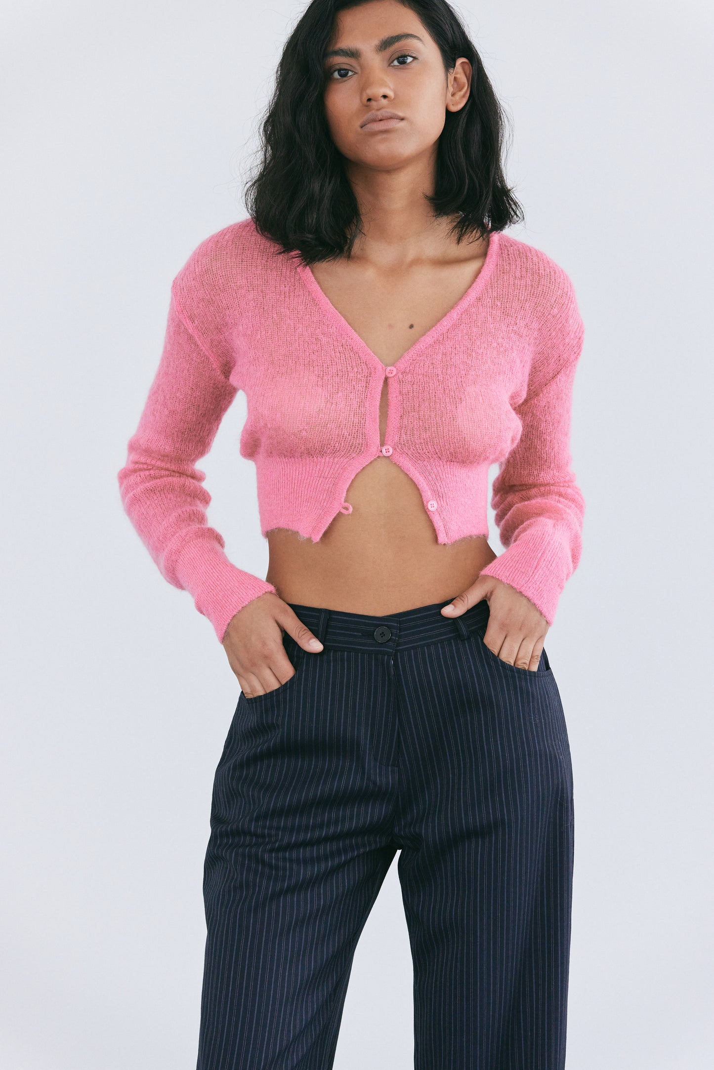 Fuzzy Crop Mohair Cardigan, Bubblegum Pink