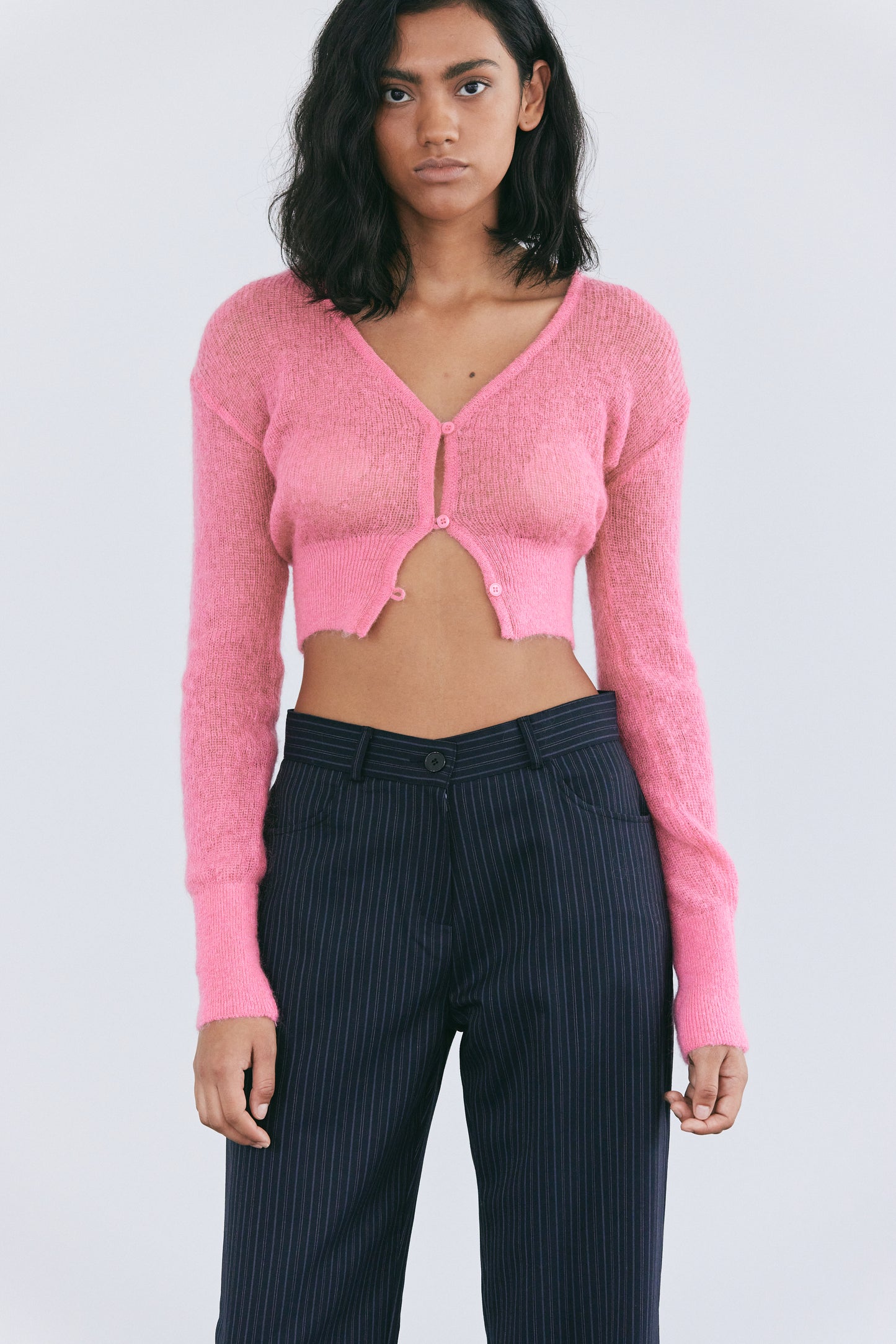 Fuzzy Crop Mohair Cardigan, Bubblegum Pink