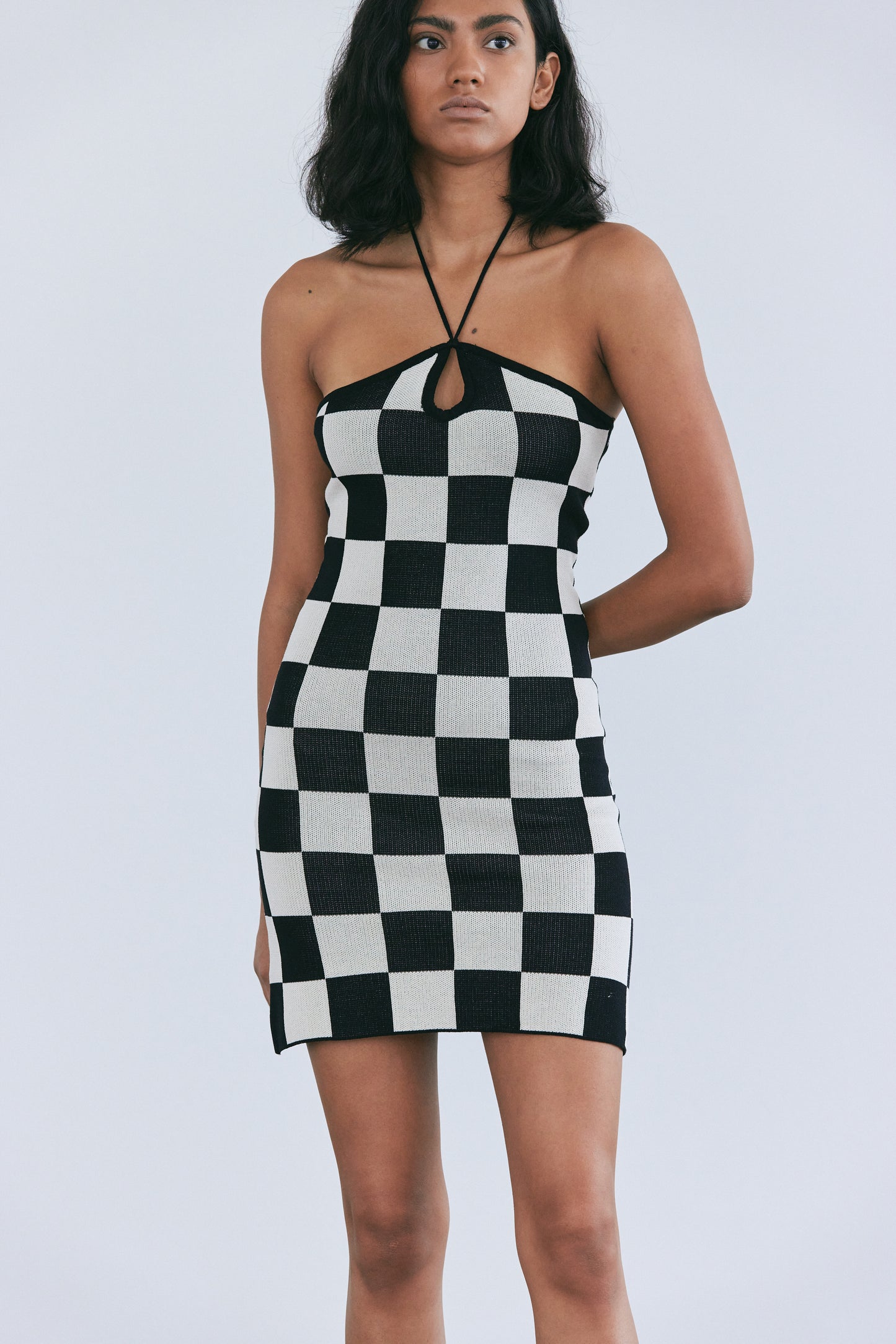 Checkerboard Halter Knit Dress, Monochrome