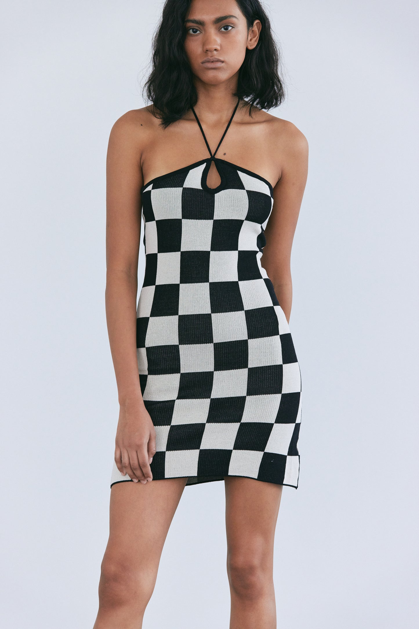 Checkerboard Halter Knit Dress, Monochrome
