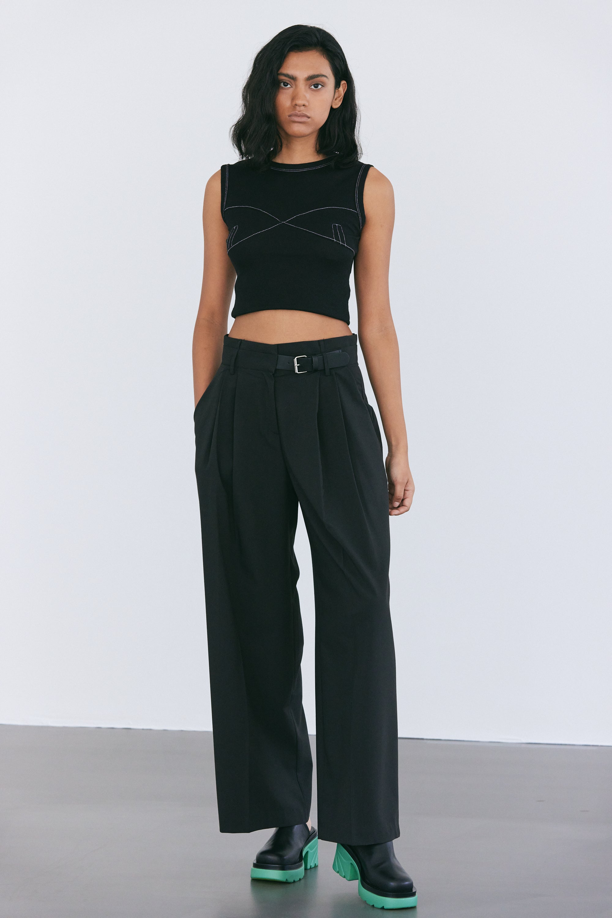 Number One Black Ribbed Wide Leg Belted Trousers  Club L London  UK