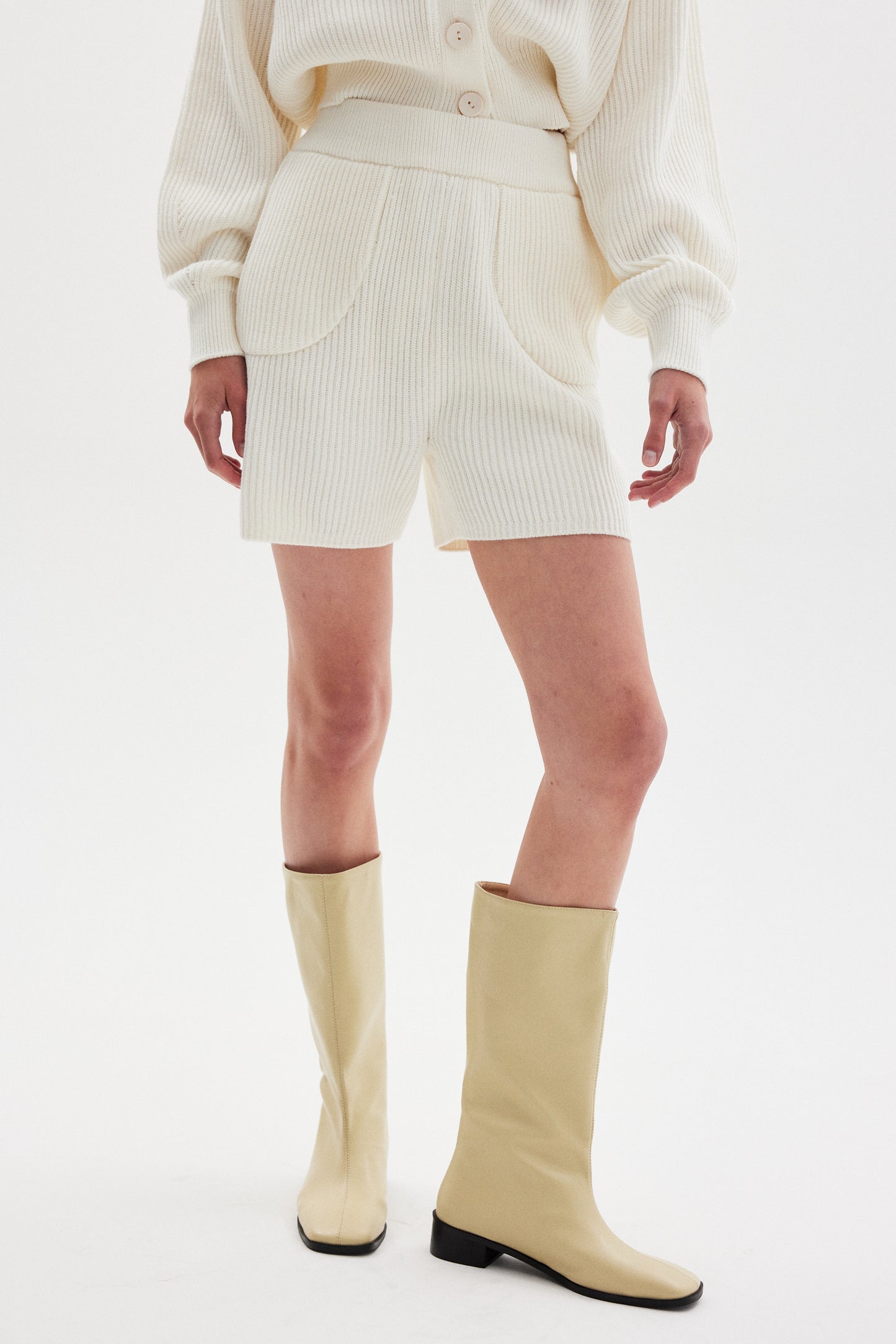 Extra Fine Wool Cardigan & Shorts Set, Cream