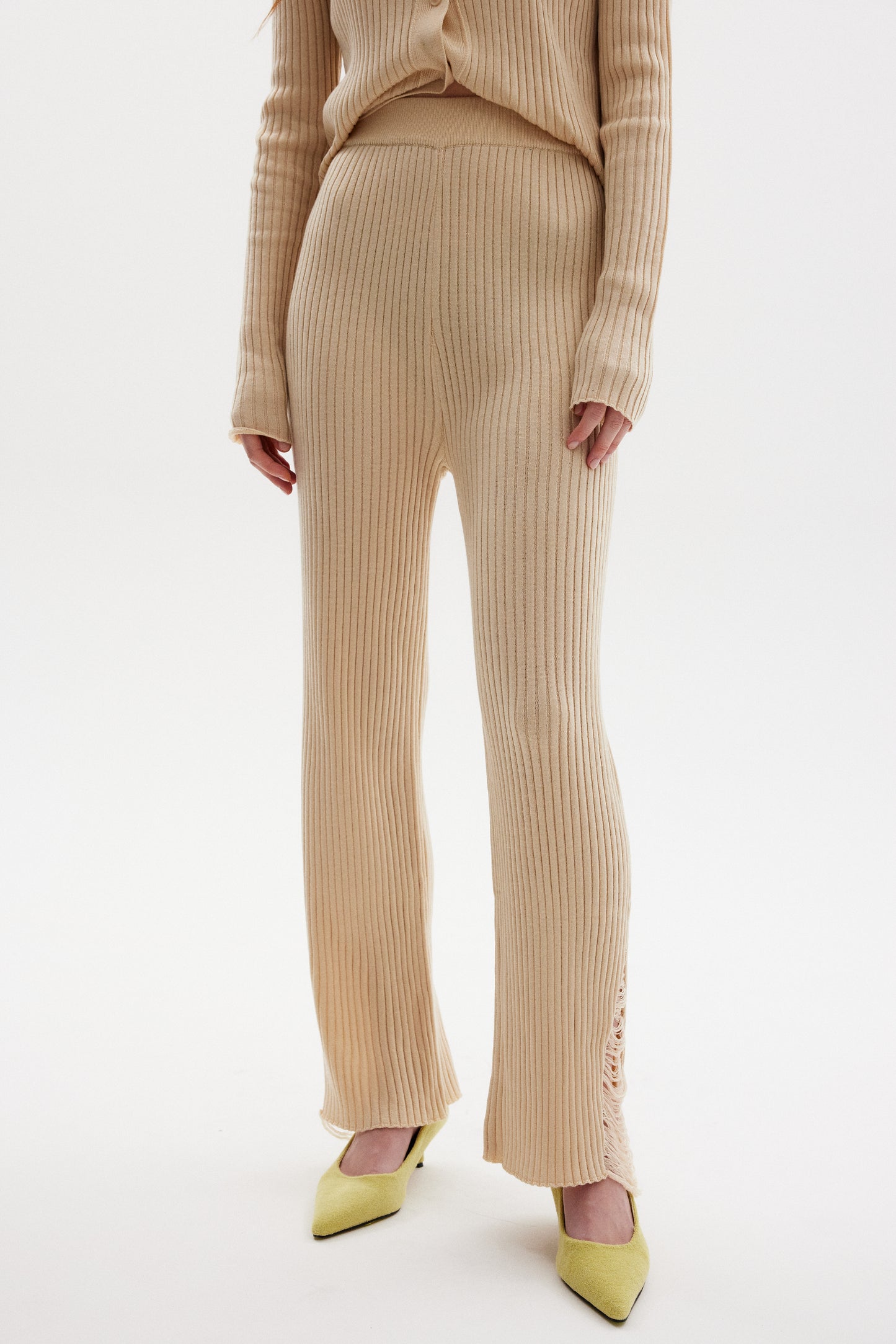 Wool Blend Fray Knit Pants, Cappuccino