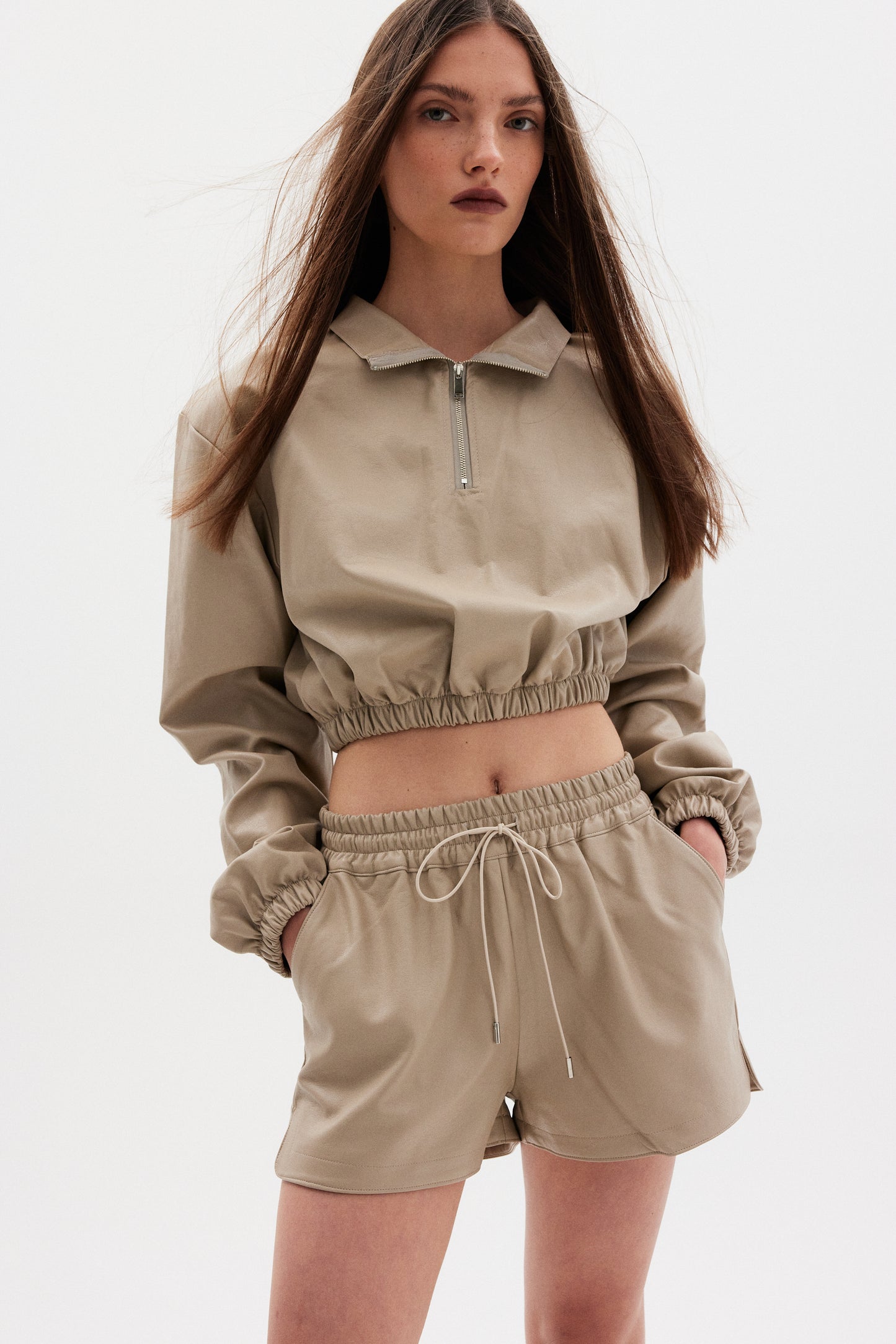 Plush Bomber Leather Top, Sand