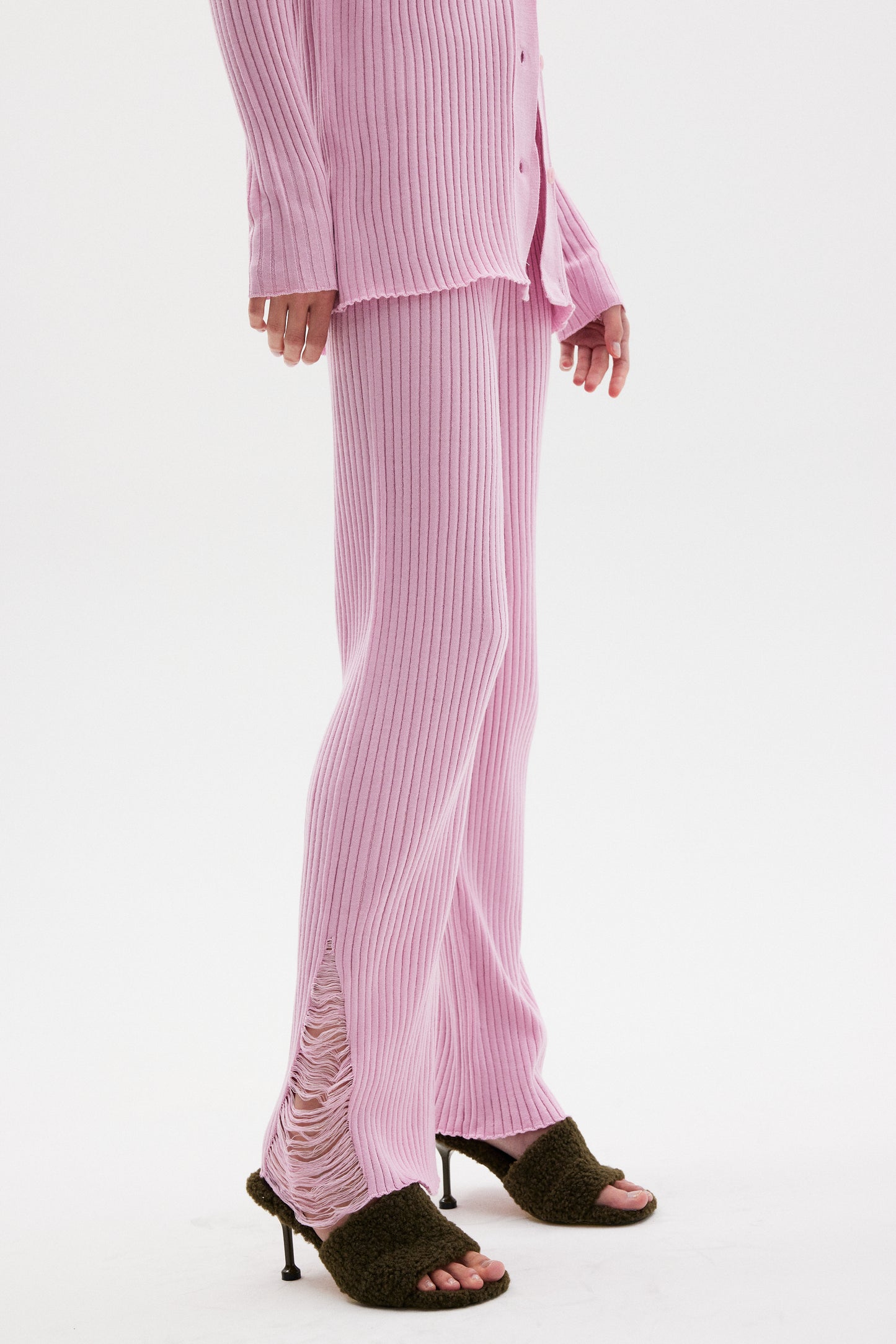 Wool Blend Fray Knit Pants, Pink