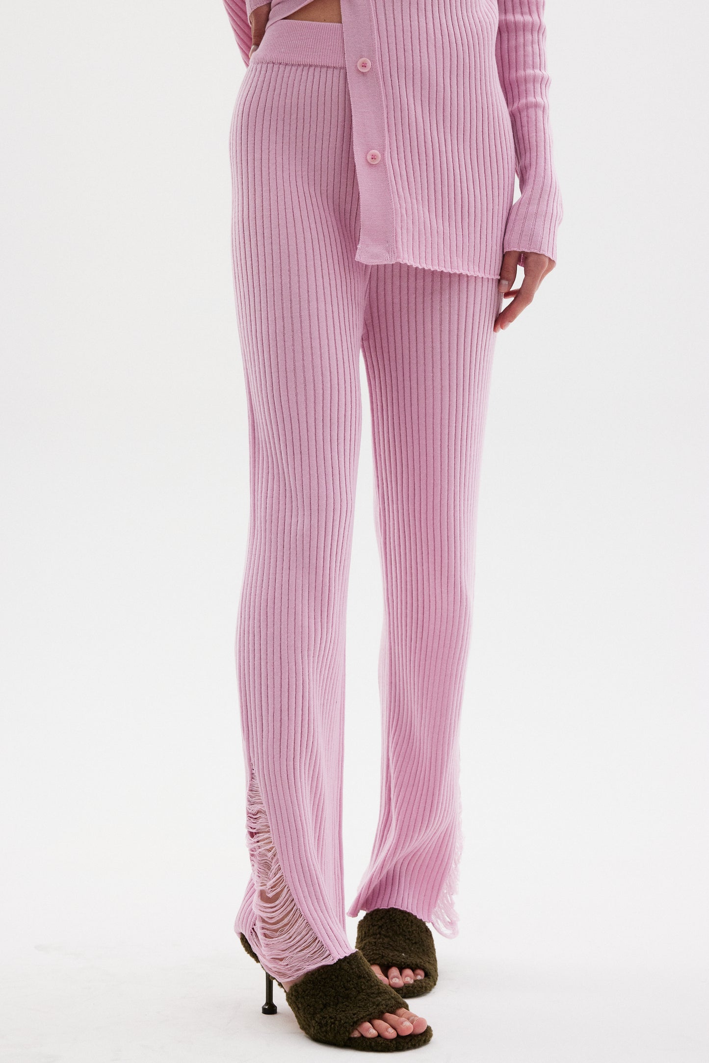 Wool Blend Fray Knit Pants, Pink