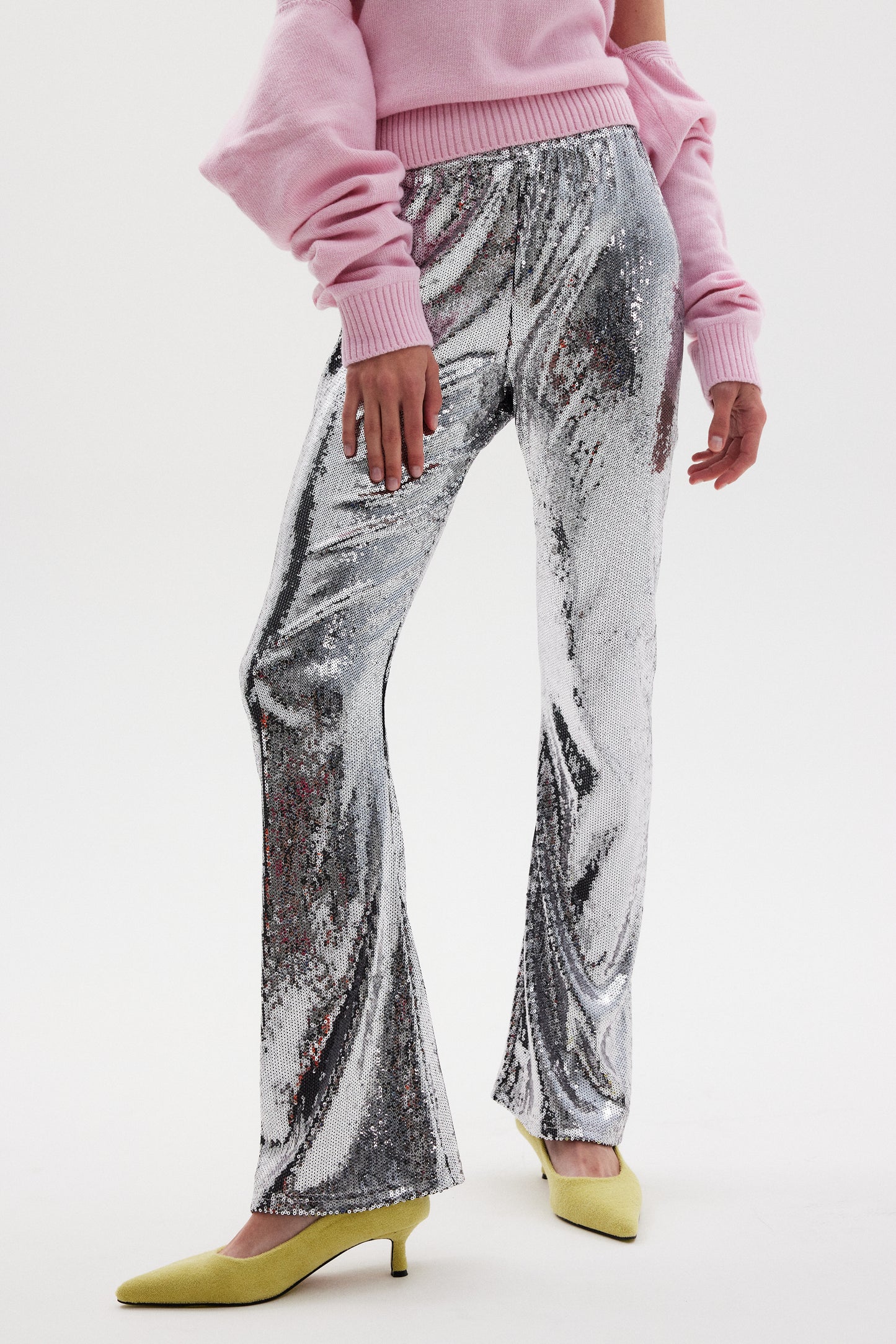 Flared Sequin Pants, Silver