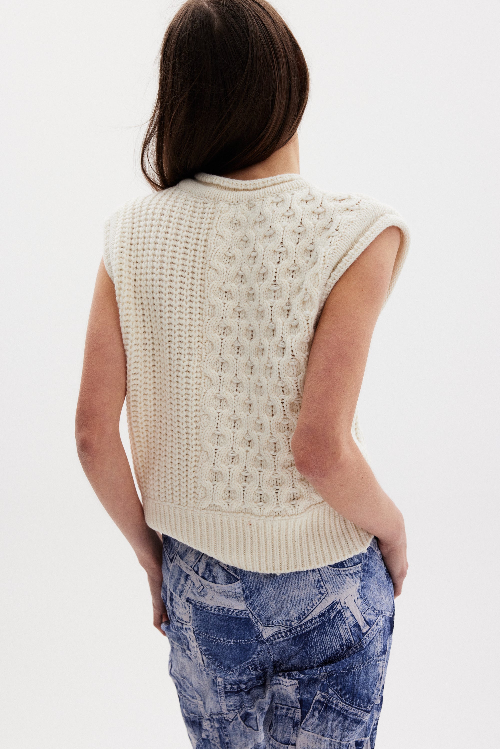 Mixed Chunky Knit Vest, Cream