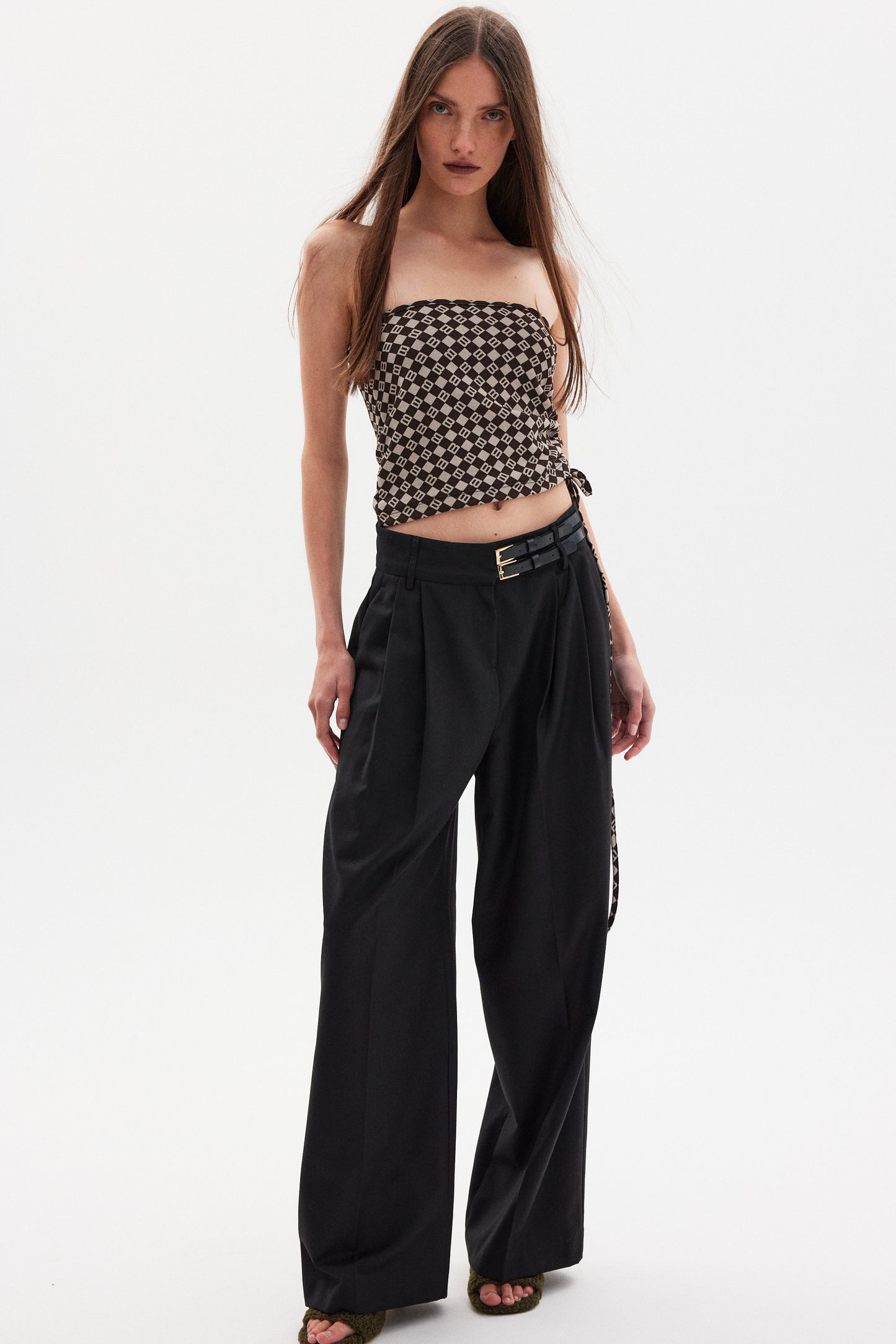 Double Half Belted Wide Trousers, Jet Black
