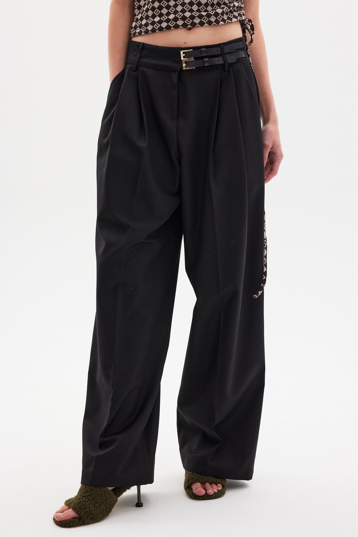 Double Half Belted Wide Trousers, Jet Black