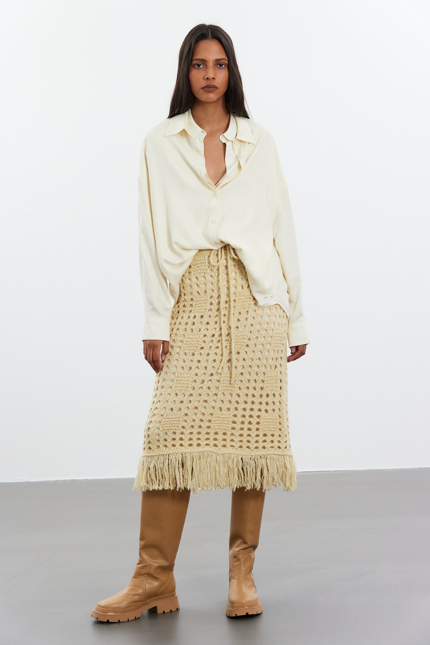 Crochet Knit Fringe Skirt, Shortbread
