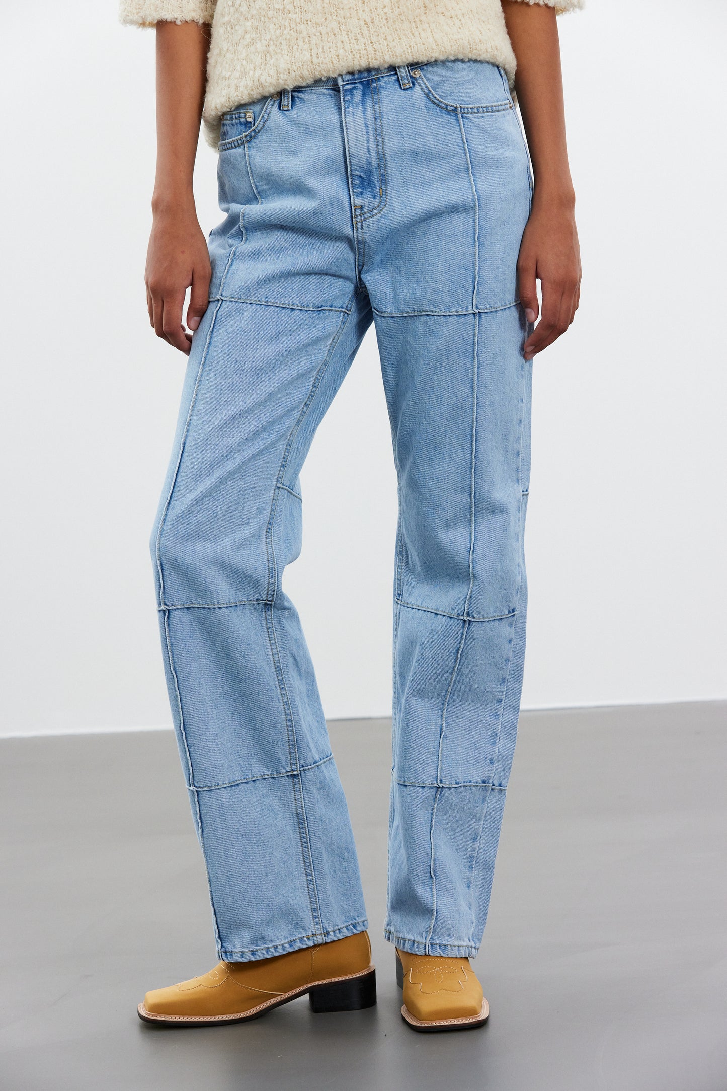 Stitch Paneled Line Jeans, Light Blue