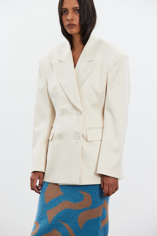 Satin Effect Double Breasted Blazer, Creme