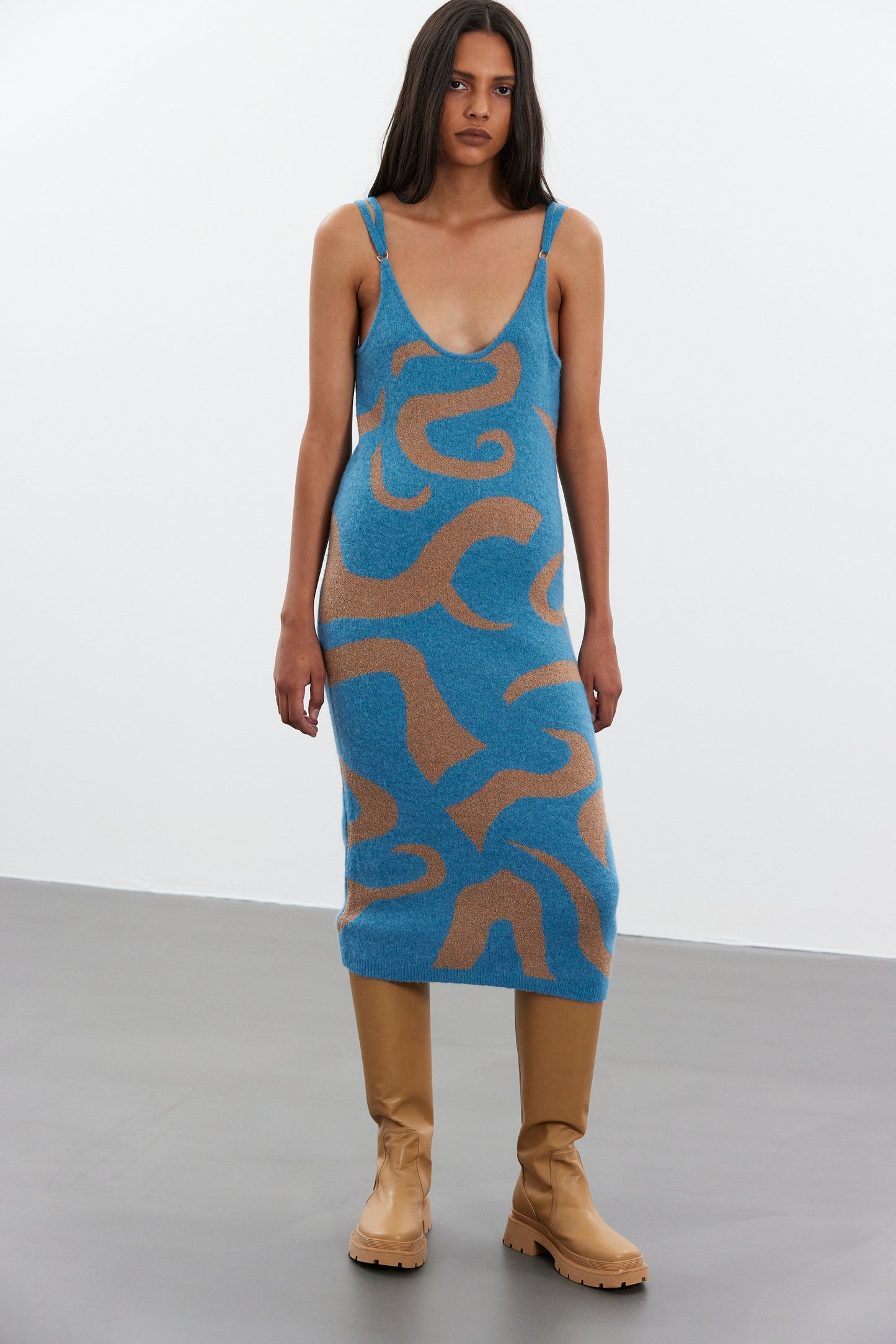 Deep Plunge Knit Dress, Blue & Tan