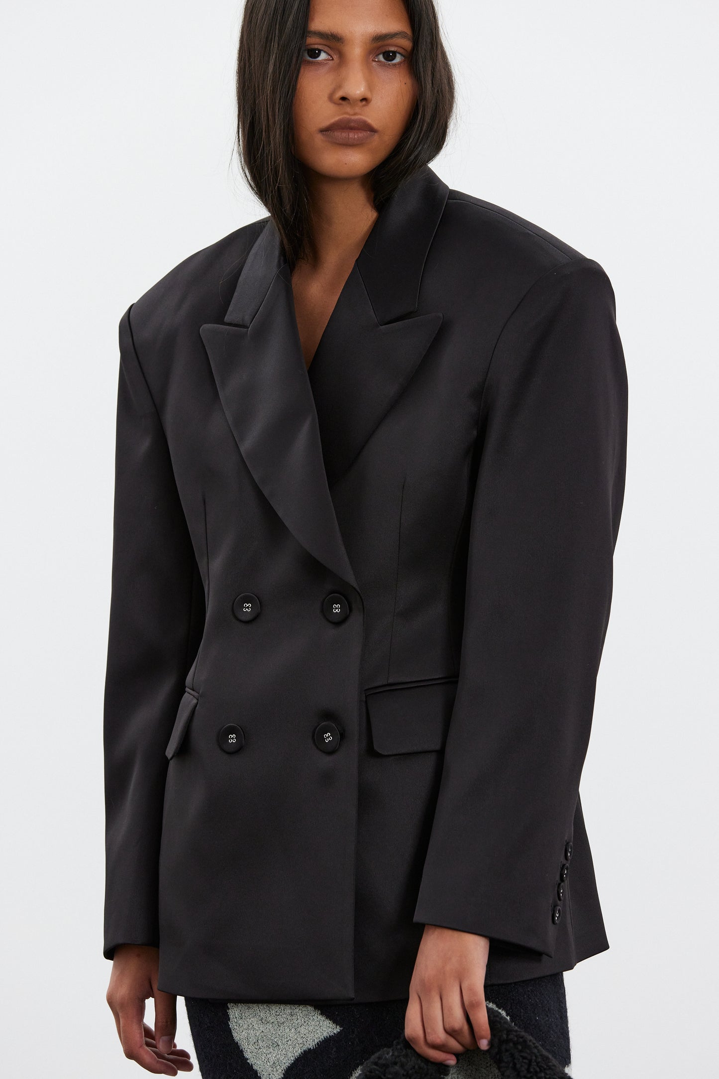 Satin Effect Double Breasted Blazer, Black