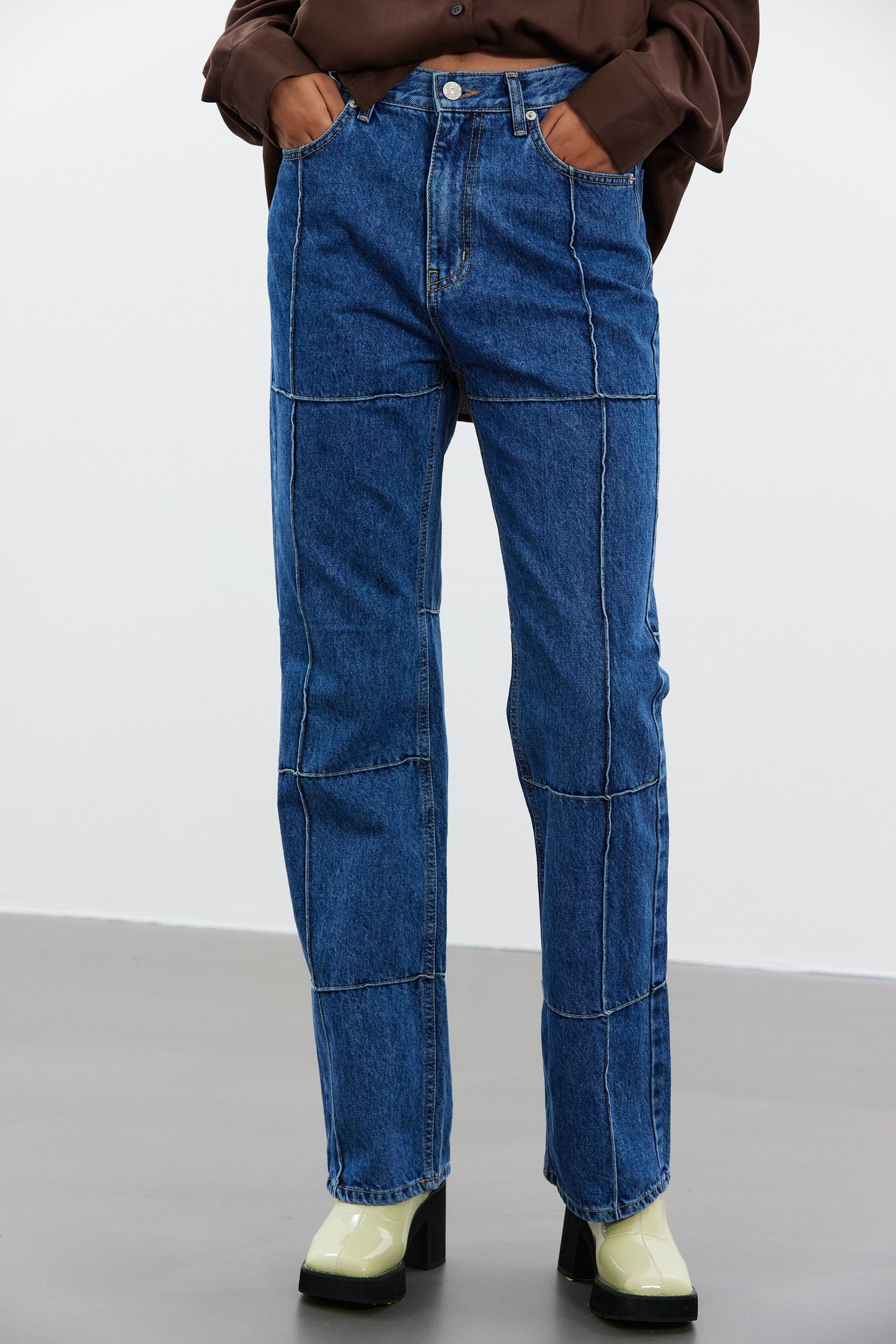 Stitch Paneled Line Jeans, Medium Blue