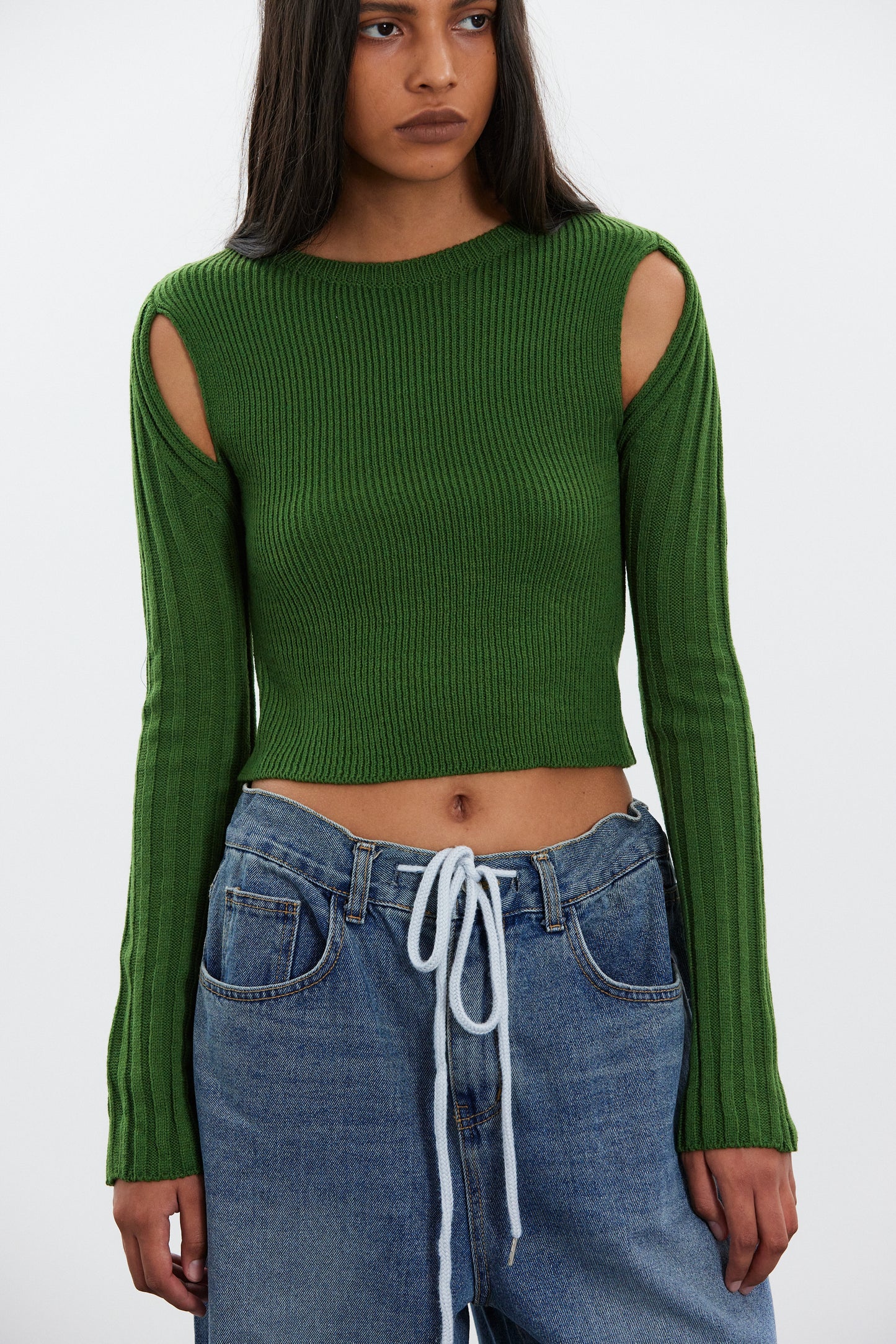 Shoulder Cut Crop Knit, Pine Green