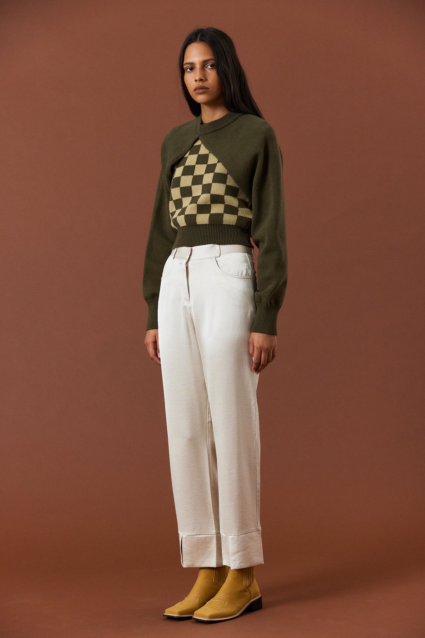 Checker Knit Tank & Cutout Sweater, Khaki