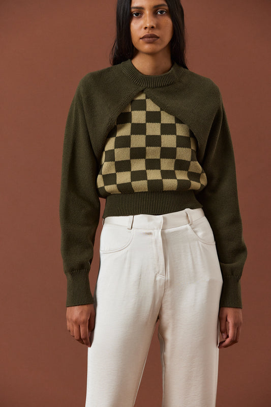Checker Knit Tank & Cutout Sweater, Khaki