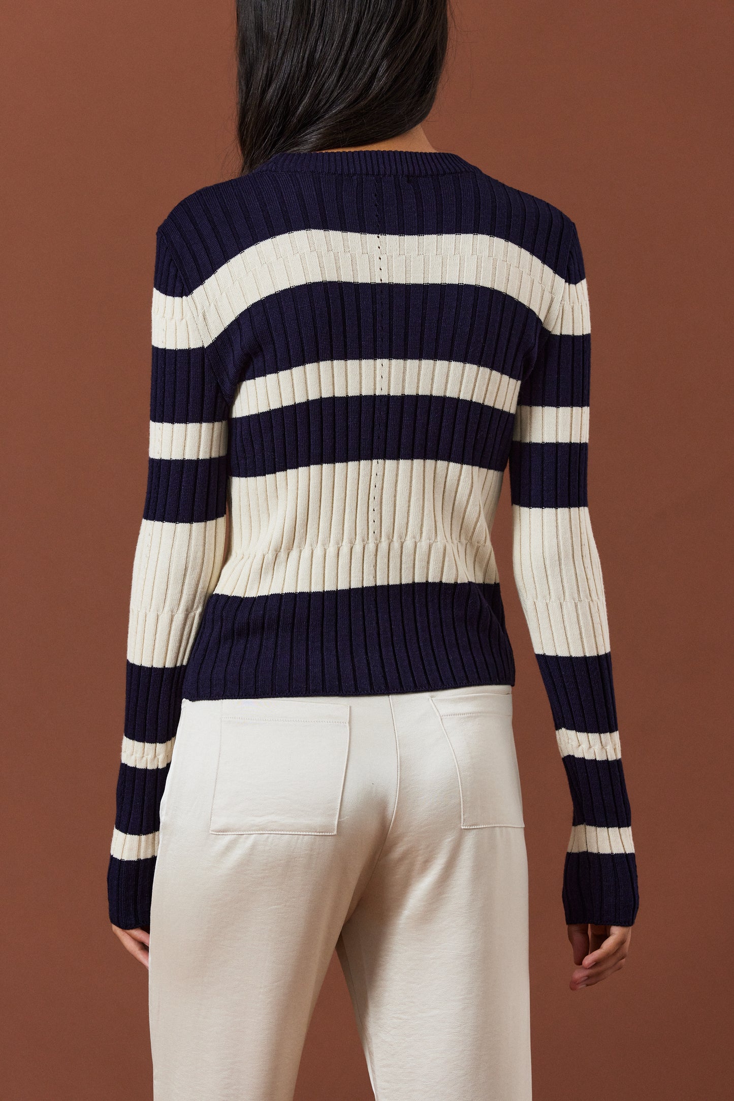 Curved Stripe Knit, Ivory & Navy
