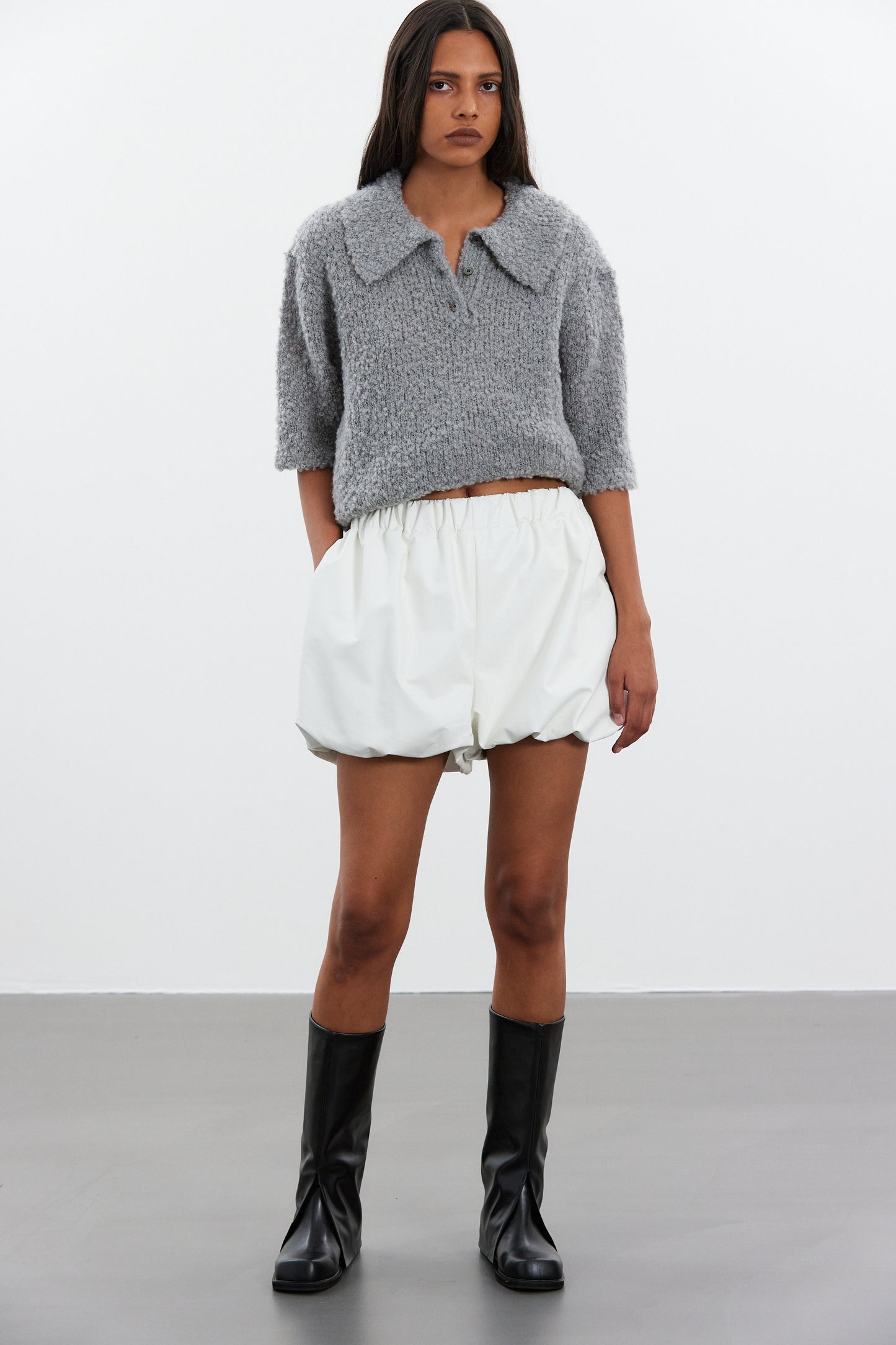 Wool & Alpaca Polo Knit Sweater, Heather Grey