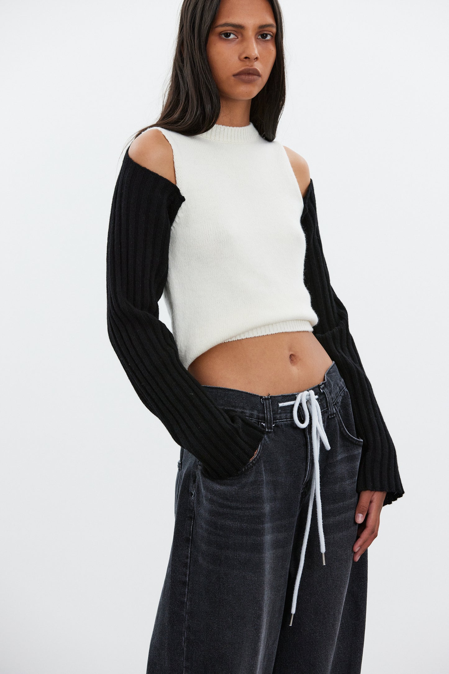 Cold Shoulder Rib Knit, Black & White