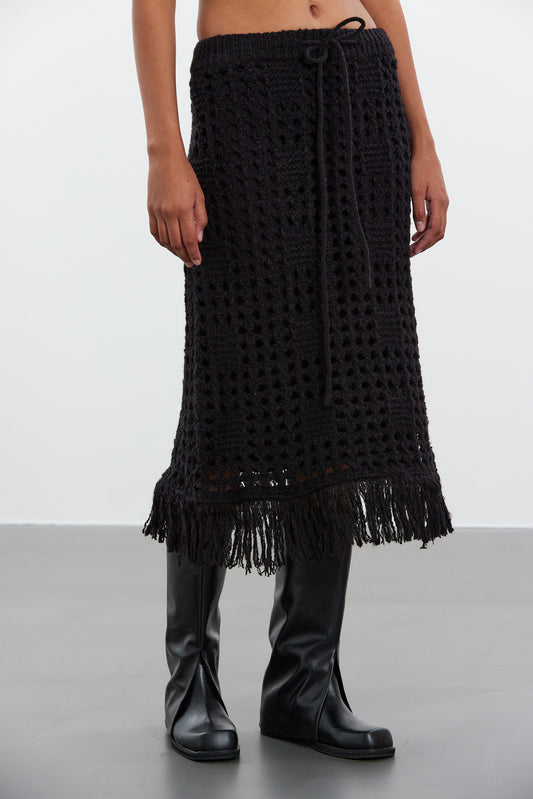 Crochet Knit Fringe Skirt, Black