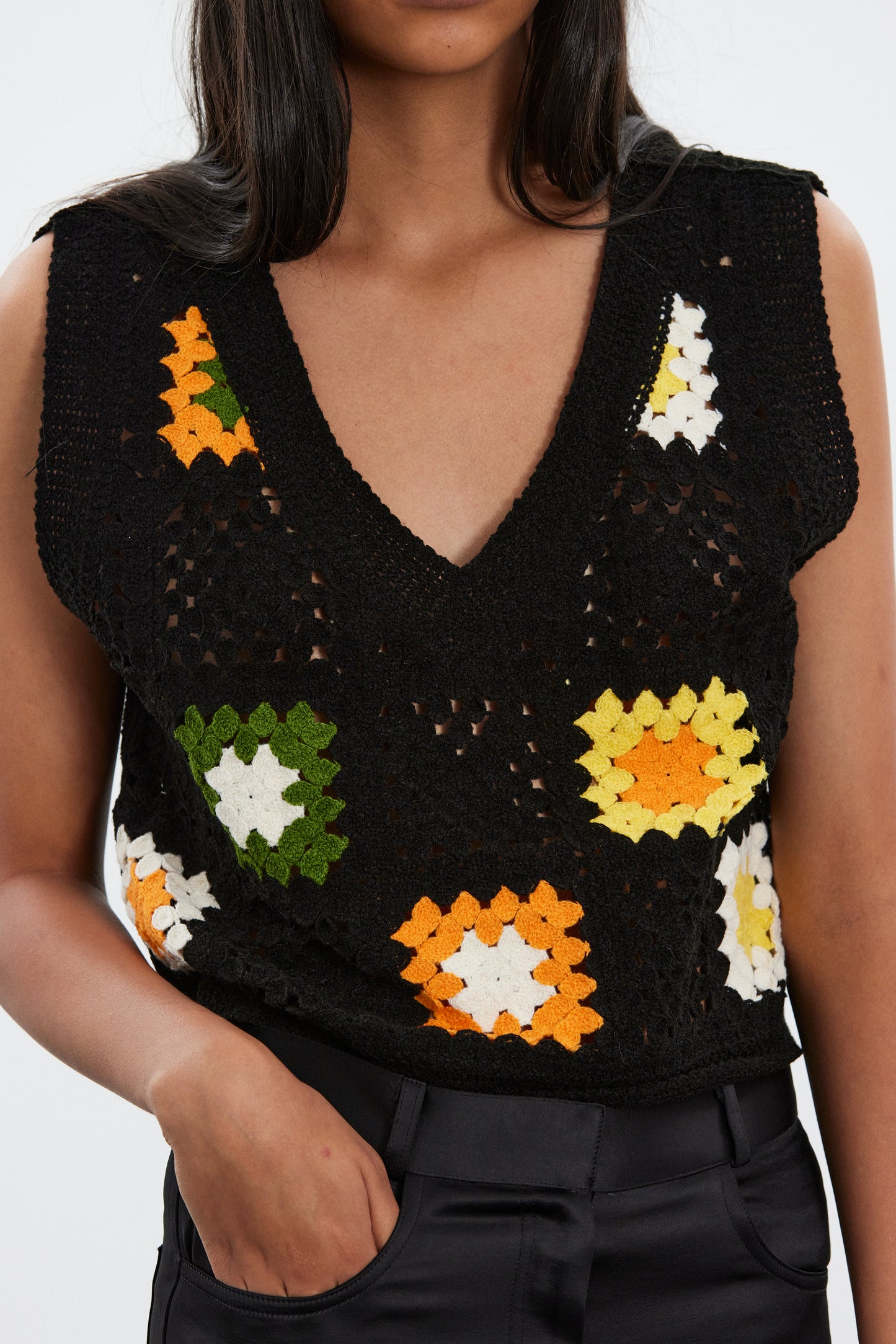 Open Crocheted Vest, Black