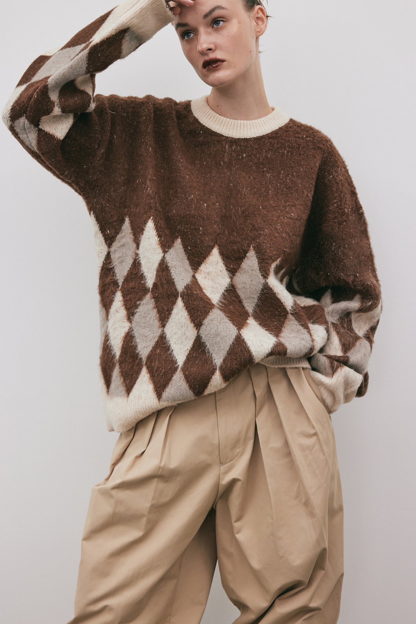Grunge Hairy Pullover Sweater, Java Argyle
