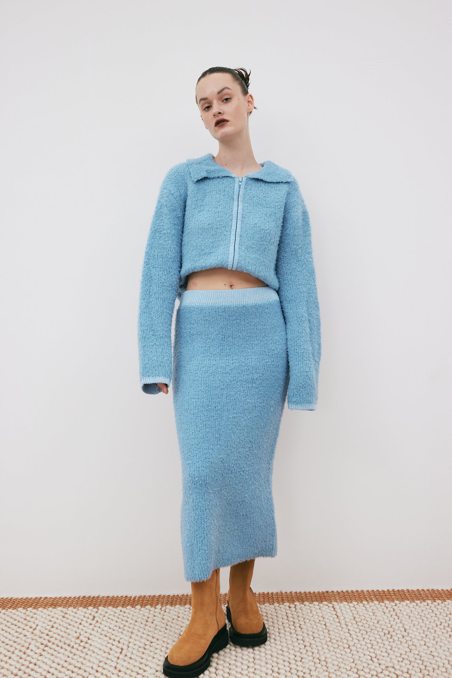 Double Faced Knit Jacket & Skirt Set, Maya Blue