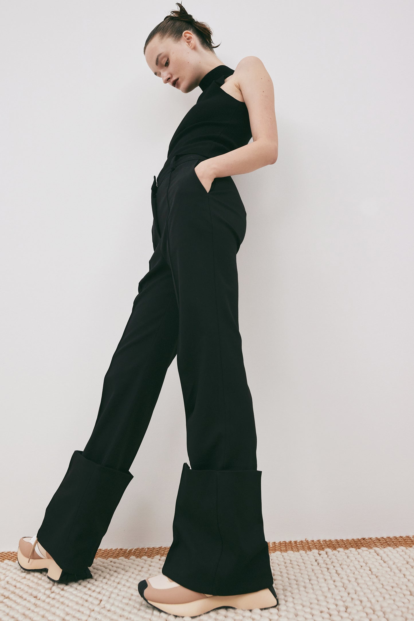 Wide Turn Up Trousers, Black