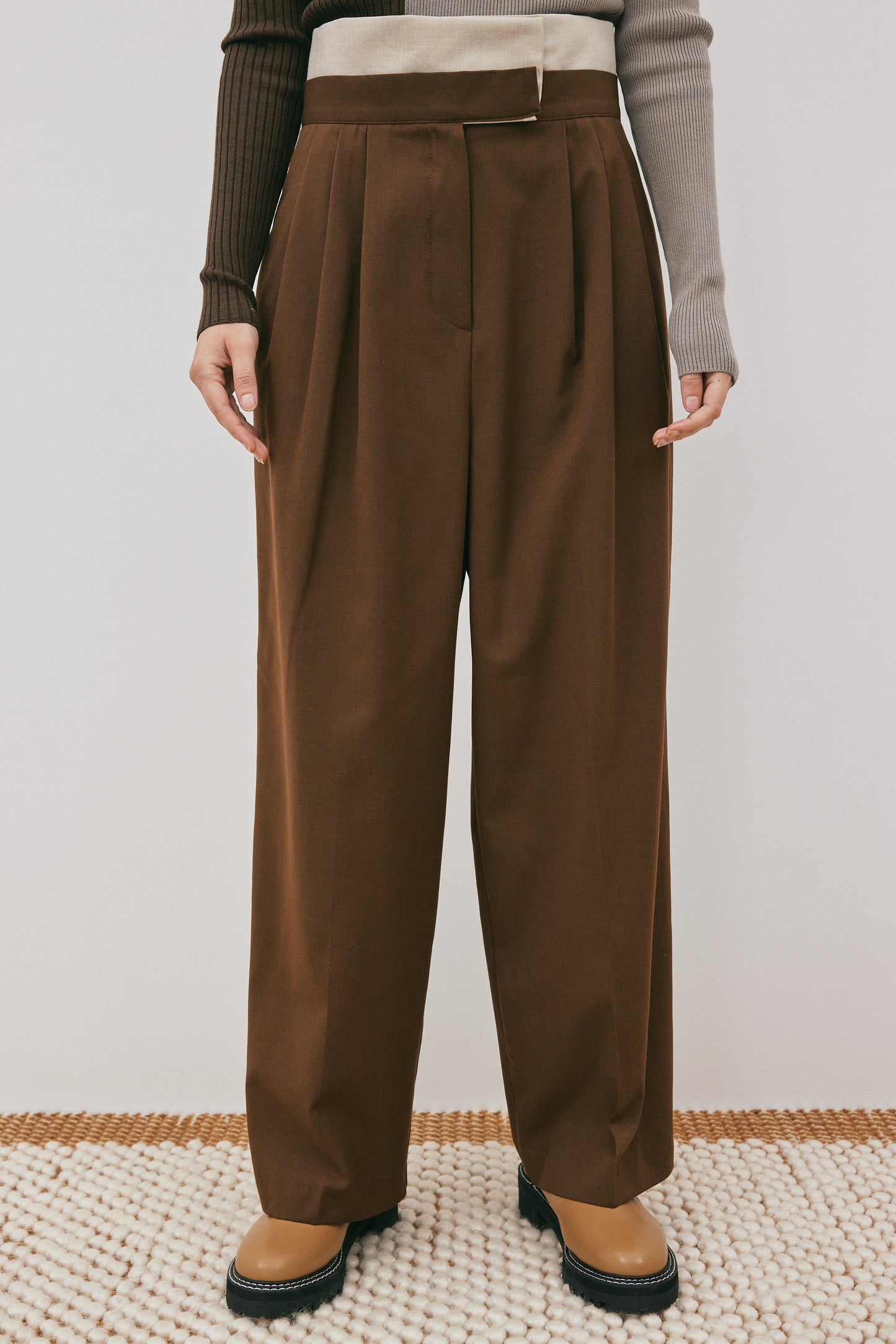 Double Belted Trousers, Oat & Brown Melange