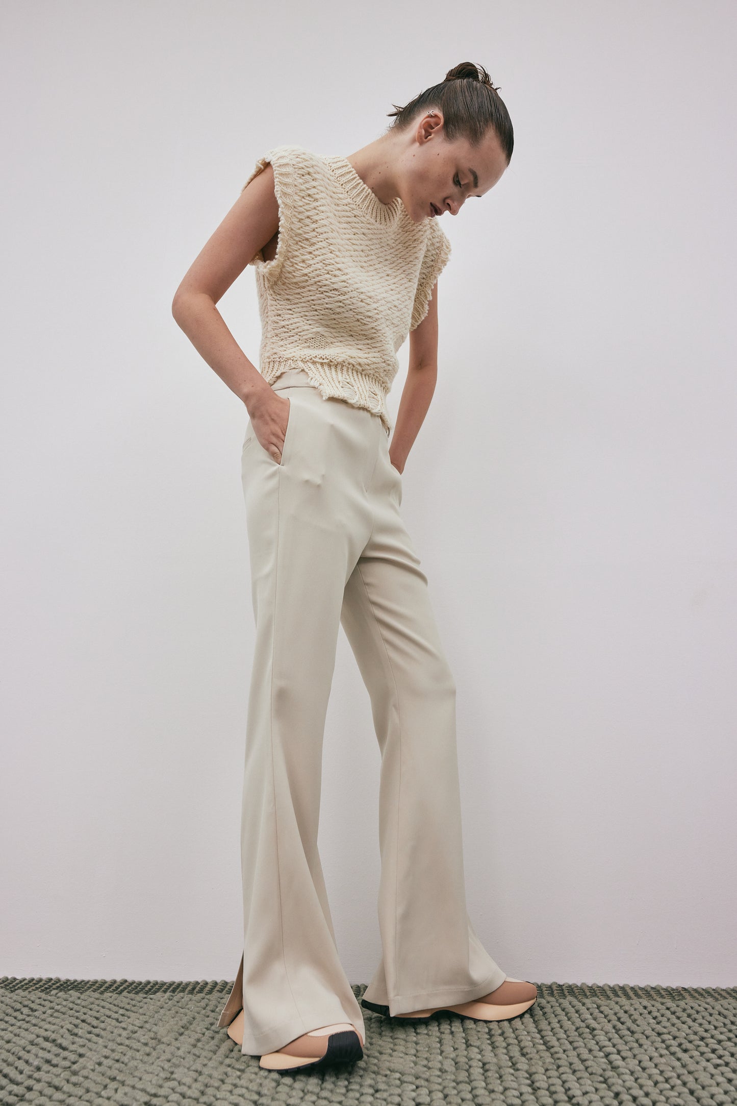 Back Slit Flare Suiting Trousers, Butter