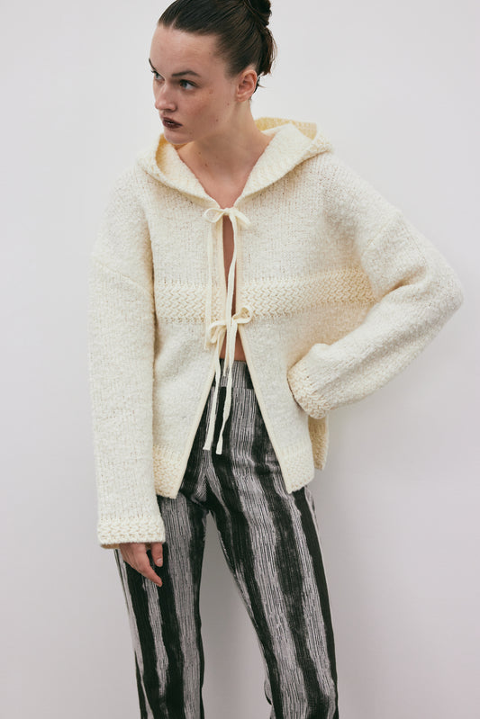 Tie Front Boucle Hooded Cardigan, Eggnog