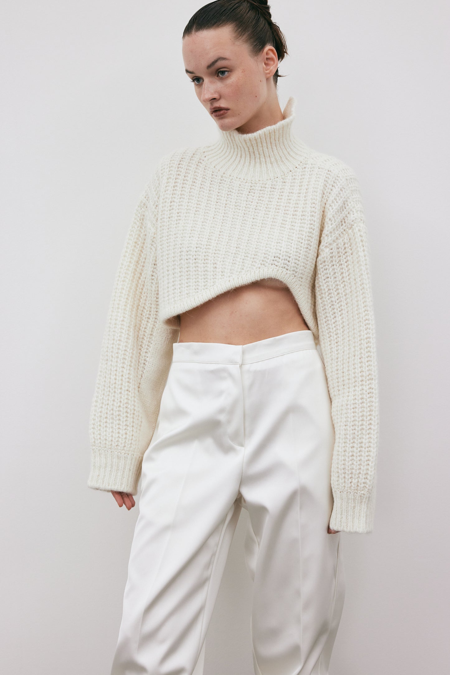 Curved Cut Out Turtleneck Sweater, Cream