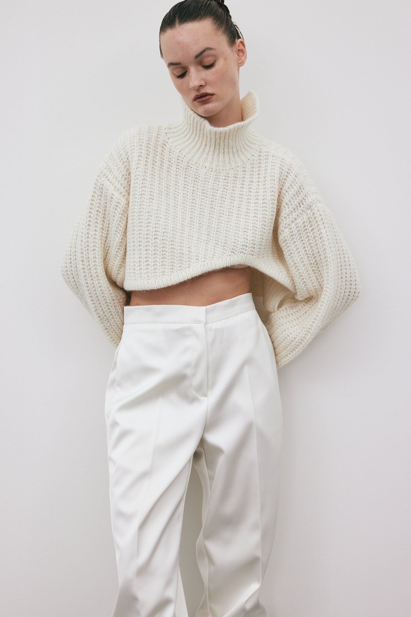 Curved Cut Out Turtleneck Sweater, Cream