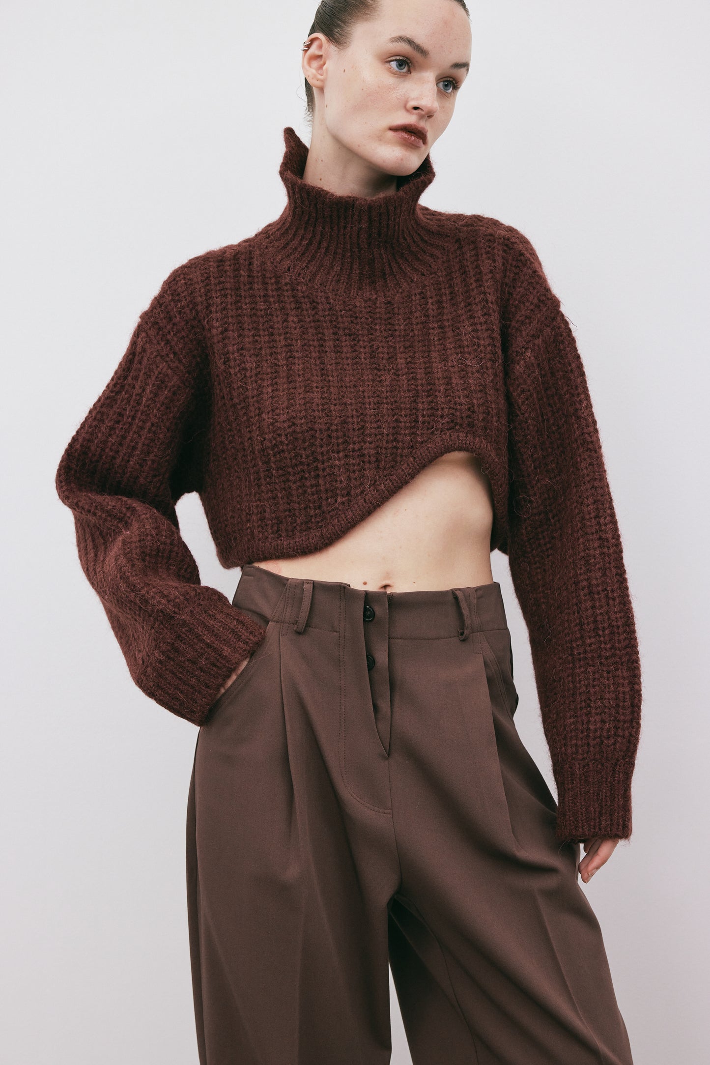 Curved Cut Out Turtleneck Sweater, Mahogany