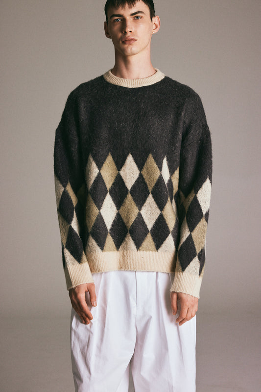 Grunge Hairy Pullover Sweater, Mink Argyle
