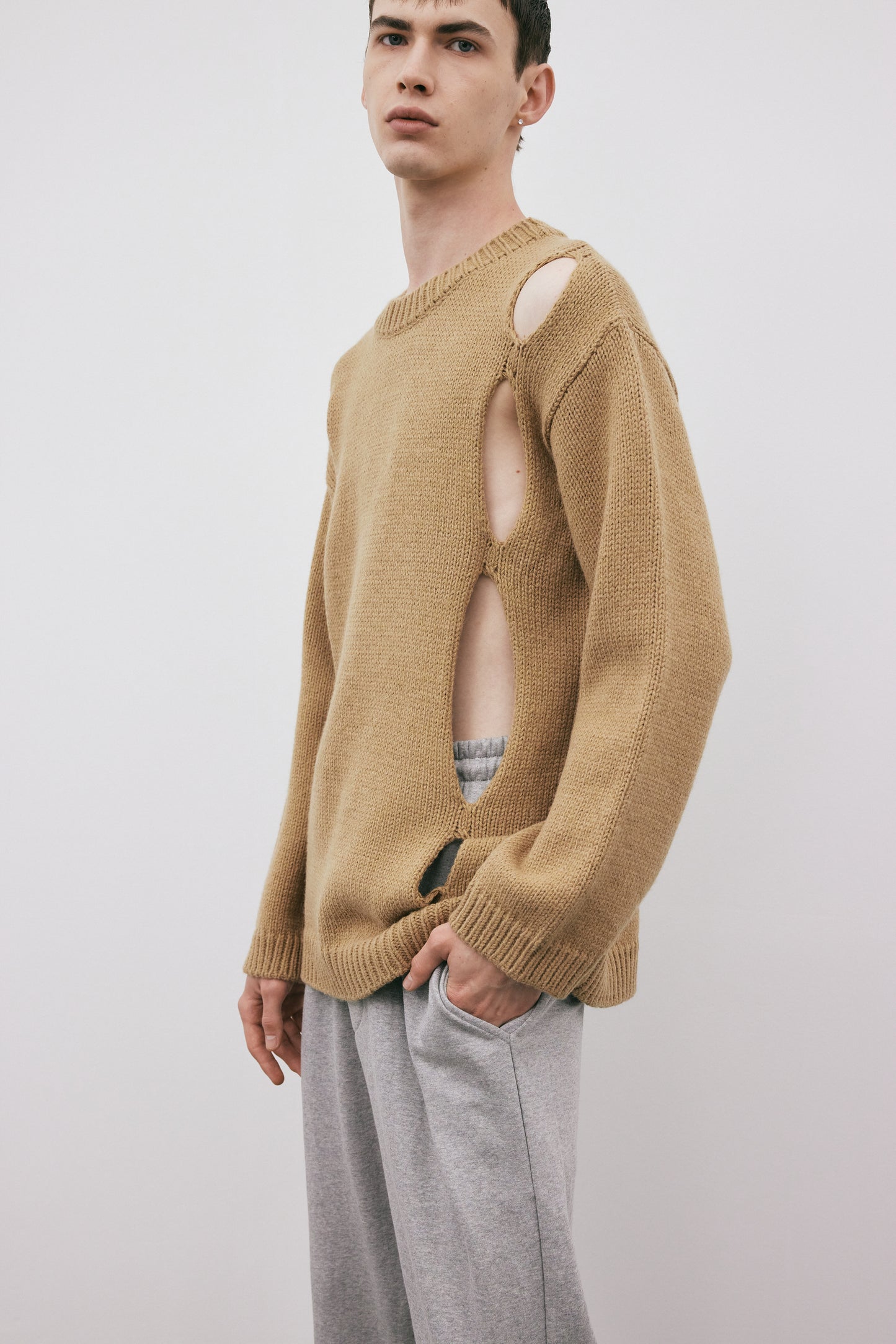 Diagonal Cut-Out Sweater, Granola