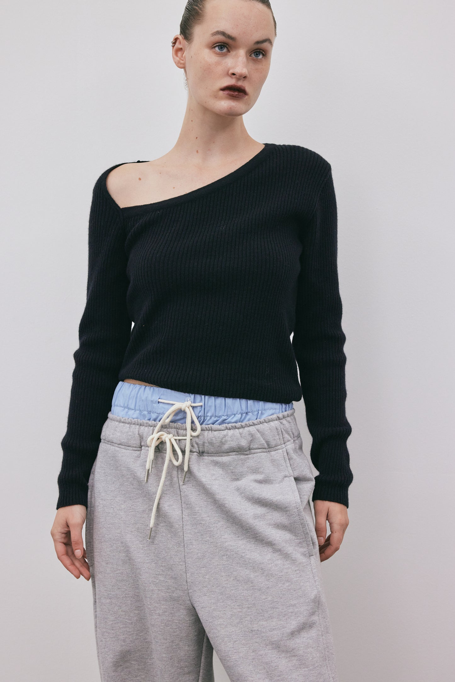 Asymmetric Collar Cashmere Knit, Black