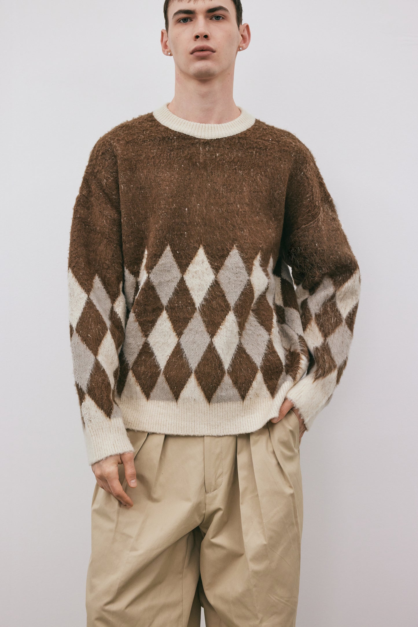 Grunge Hairy Pullover Sweater, Java Argyle