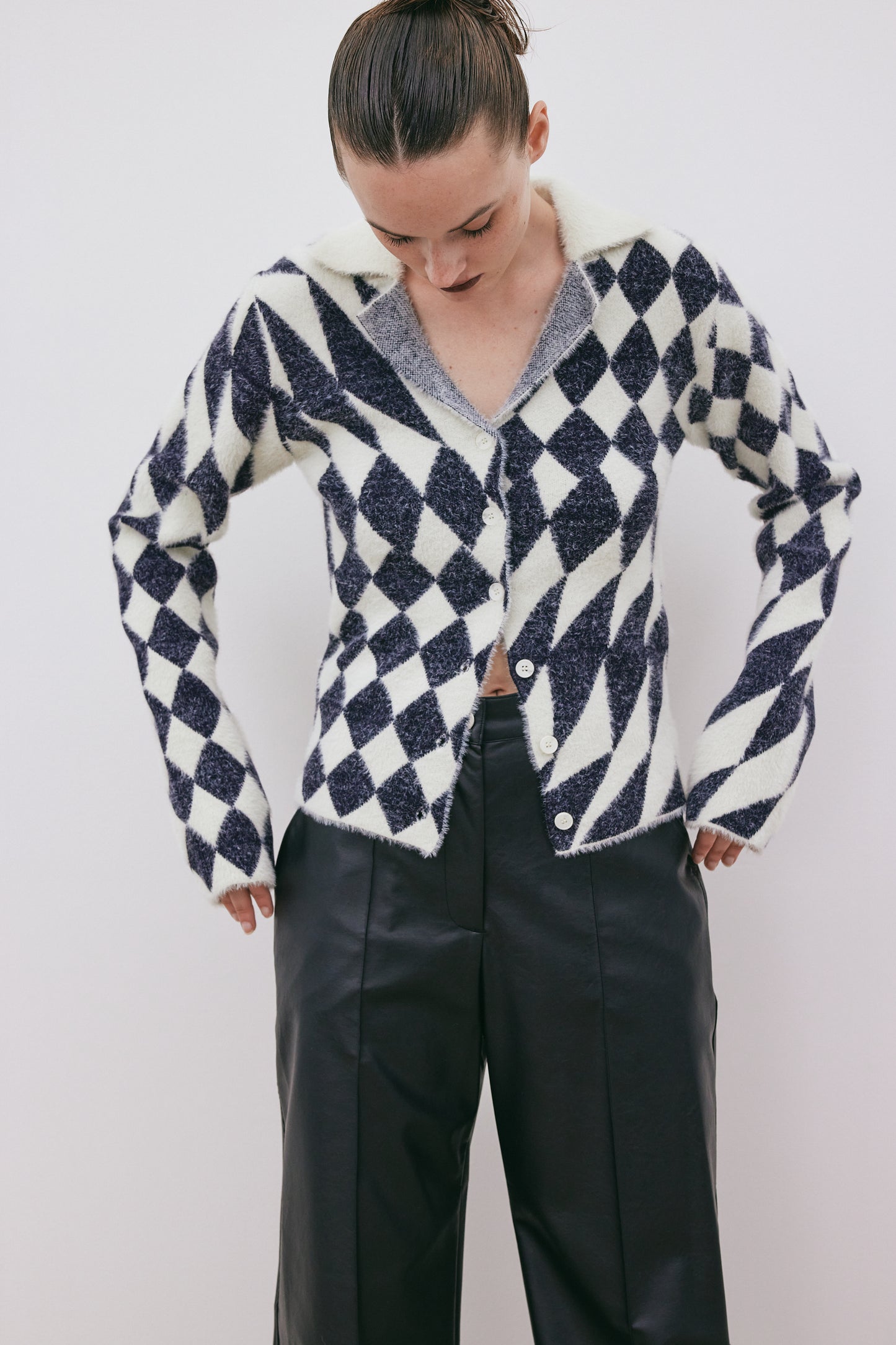 Rhombus Fuzzy Sweater Cardigan, Navy & Cream